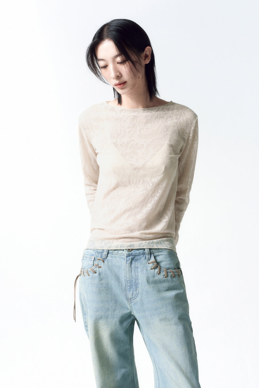 Insilence - Pattern Sheer Long Sleeve (Beige) product image 6 | TRAB K-Fashion Australia