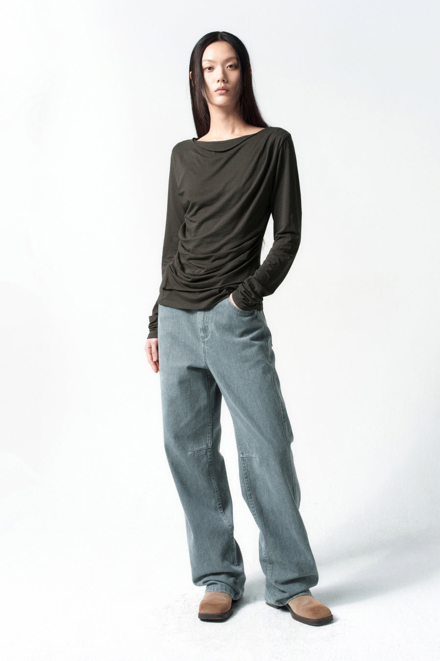 Insilence - Draping Boat Neck Long Sleeve (Charcoal) product image 1 | TRAB K-Fashion Australia