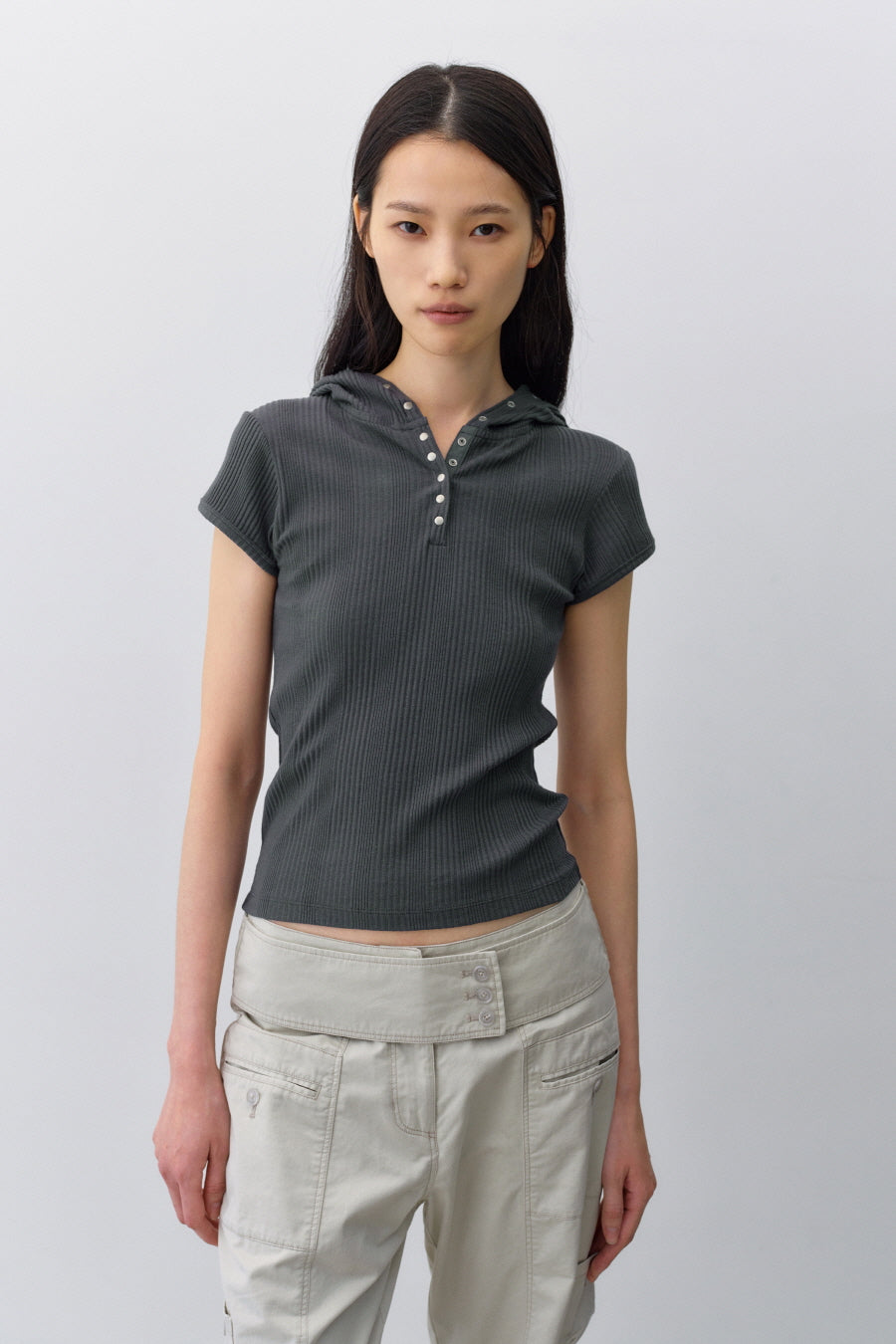 Insilence - Slim Snap Hoodie Top (Charcoal) product image 1 | TRAB K-Fashion Australia