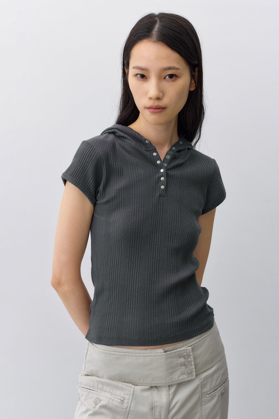Insilence - Slim Snap Hoodie Top (Charcoal) product image 4 | TRAB K-Fashion Australia