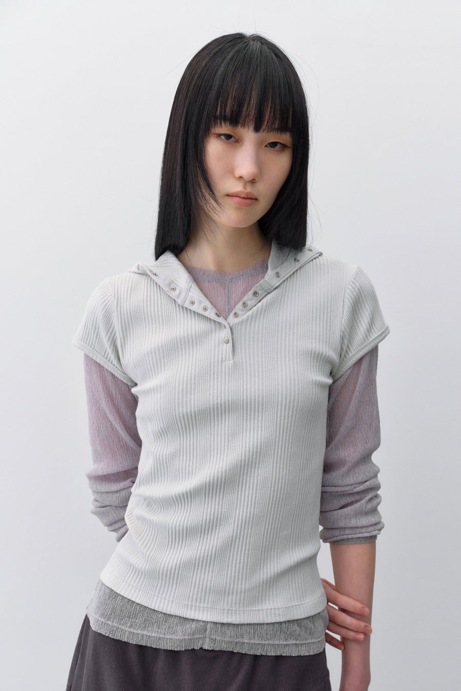 Insilence - Slim Snap Hoodie Top (Light Grey) product image 1 | TRAB K-Fashion Australia