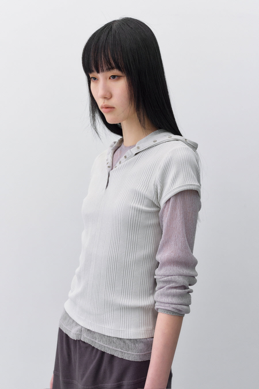 Insilence - Slim Snap Hoodie Top (Light Grey) product image 2 | TRAB K-Fashion Australia
