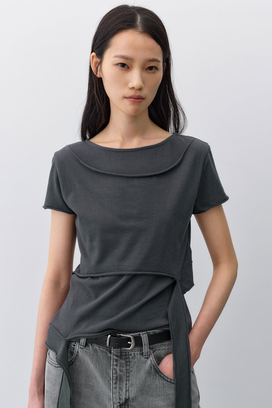 Insilence - Cotton Linen Natural Strap T-shirt (Charcoal) product image 1 | TRAB K-Fashion Australia