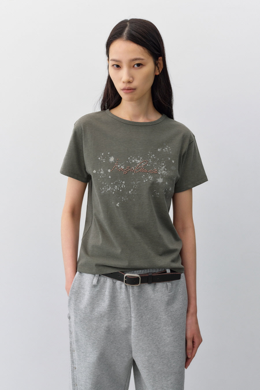 Insilence - Lettering Hotfix T-shirt (Khaki) product image 2 | TRAB K-Fashion Australia