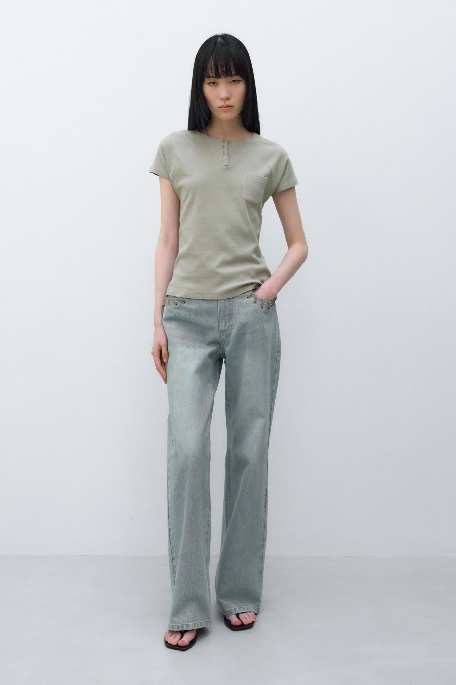Insilence - Summer Henley Neck T-shirt (Olive) product image 1 | TRAB K-Fashion Australia
