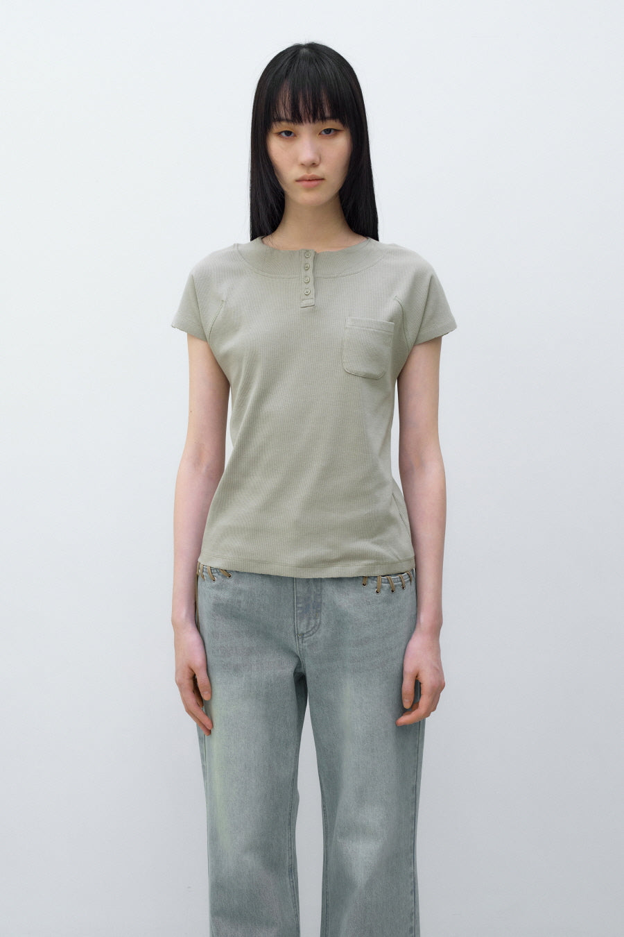 Insilence - Summer Henley Neck T-shirt (Olive) product image 2 | TRAB K-Fashion Australia