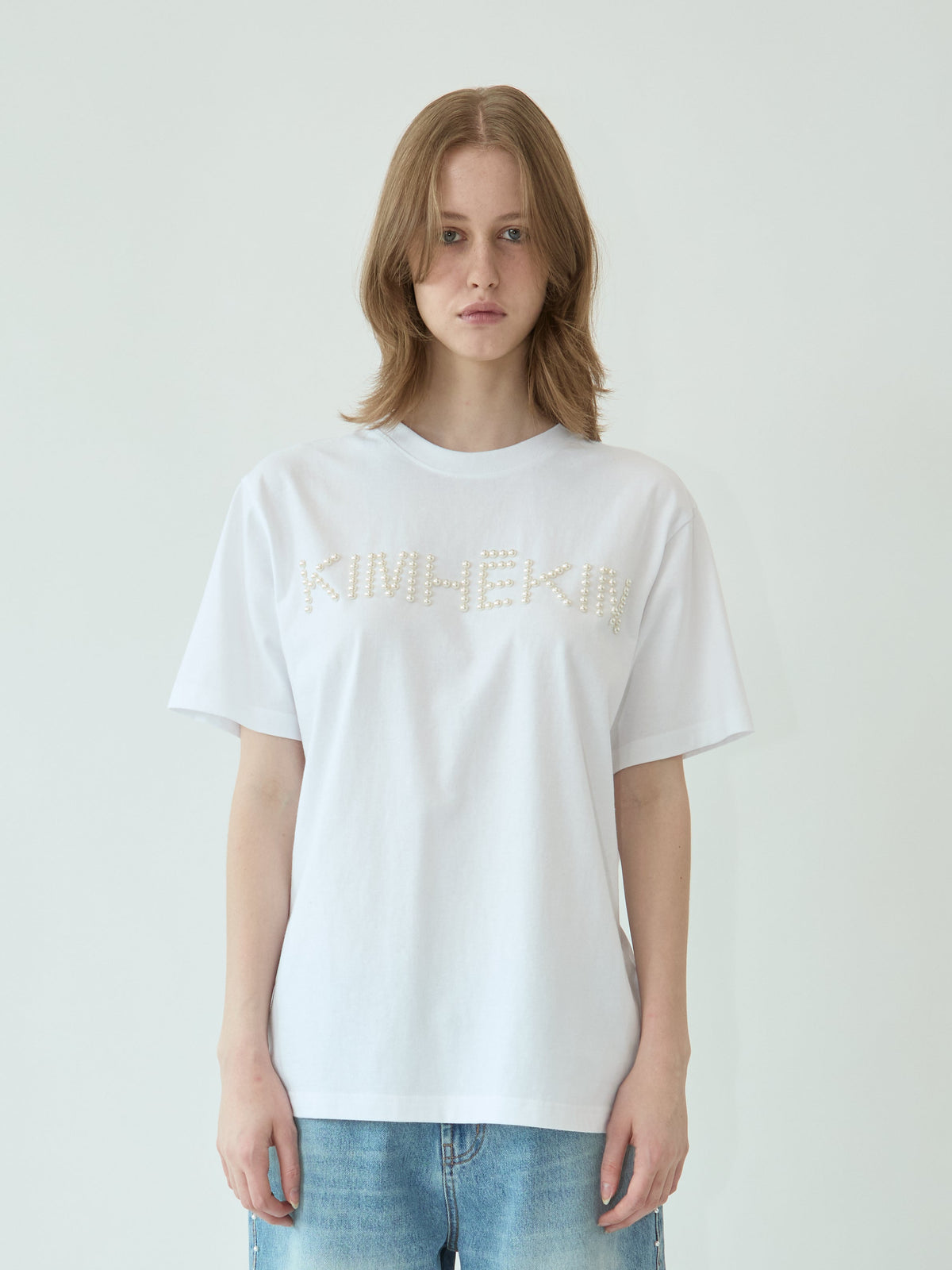 Kimhe Kim - Logo T-Shirt With Pearl Embellishment (White) product image 1 | TRAB K-Fashion Australia