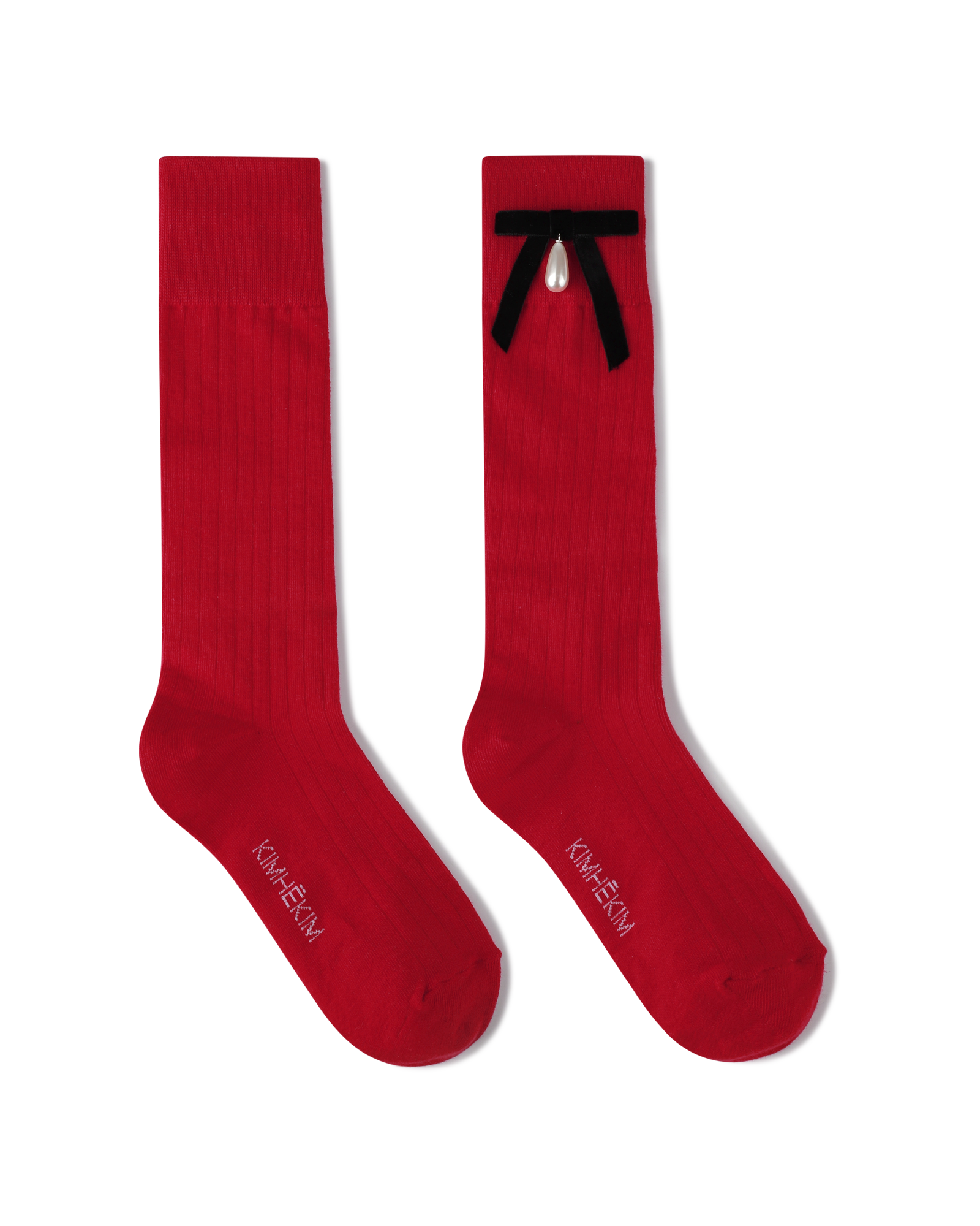Kimhe Kim - Pearl Ribbon Detail Cotton -Blended Knee-High Socks (Red) product image 1 | TRAB K-Fashion Australia
