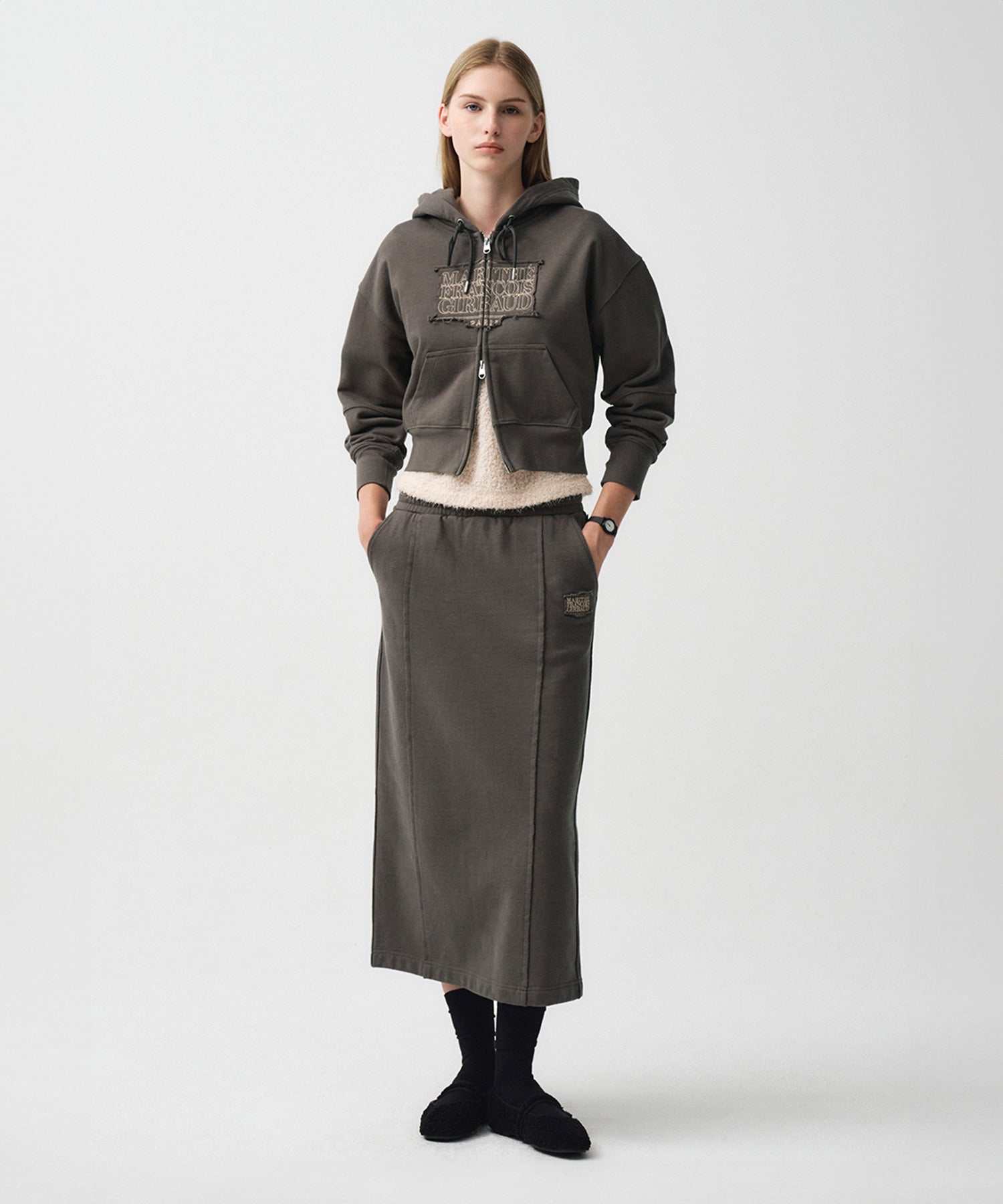 Marithe & Francois Girbaud - Classic Logo Crop Hoodie Zipup (Charcoal) product image 3 | TRAB K-Fashion Australia