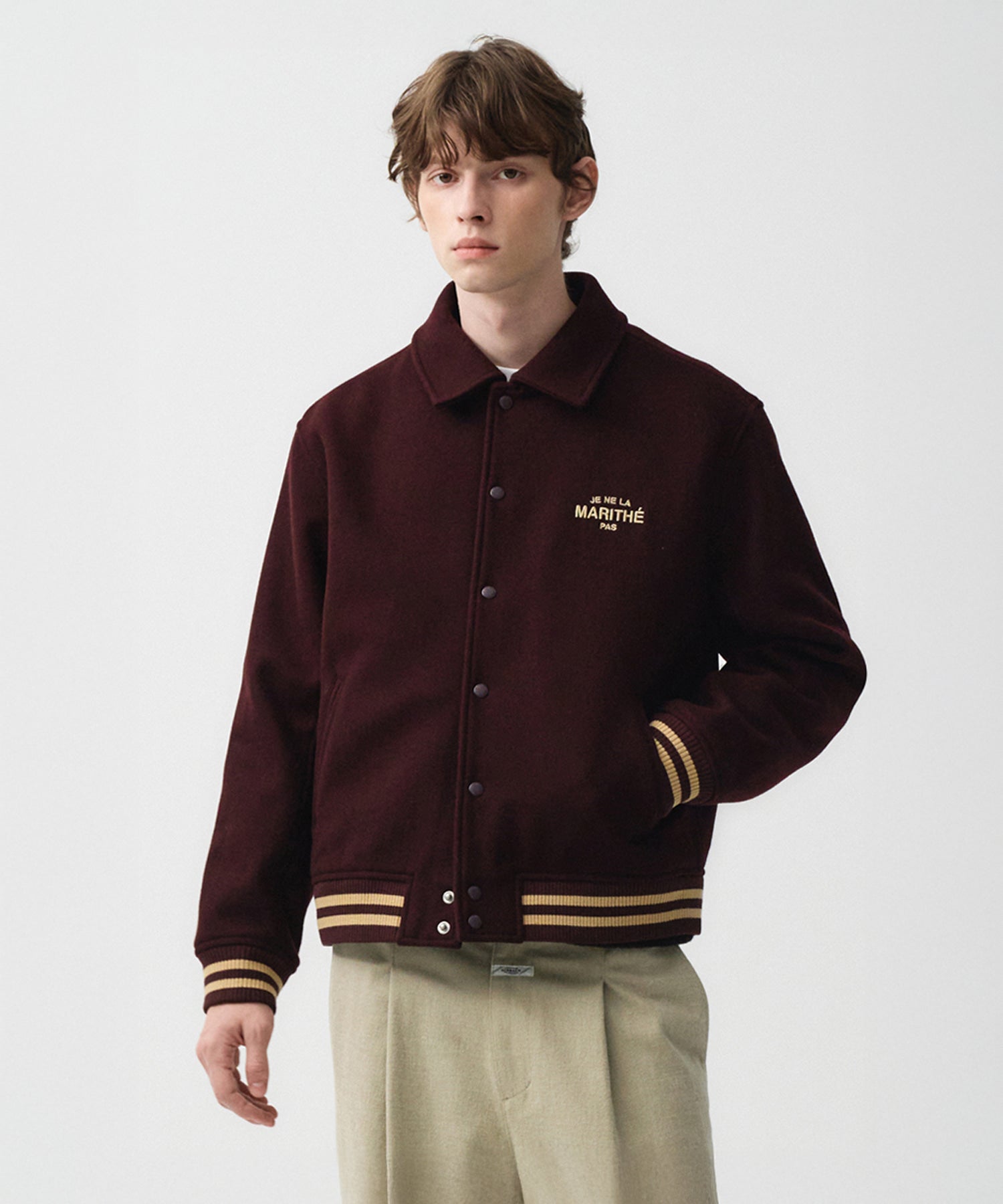 Marithe & Francois Girbaud - Je Ne La Varsity Jacket (Burgundy) product image 1 | TRAB K-Fashion Australia