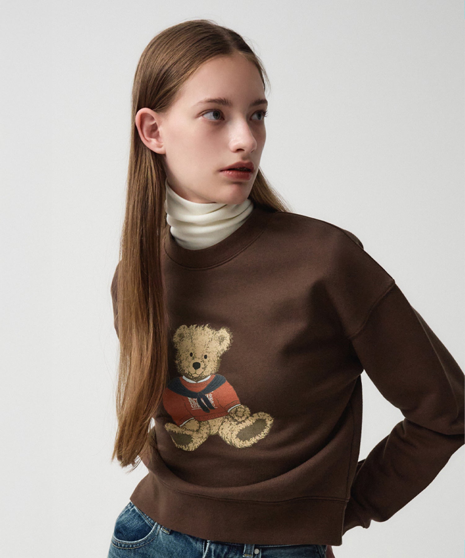 Marithe & Francois Girbaud - Doodle Bear Crop Sweatshirt (Dark Brown) product image 1 | TRAB K-Fashion Australia