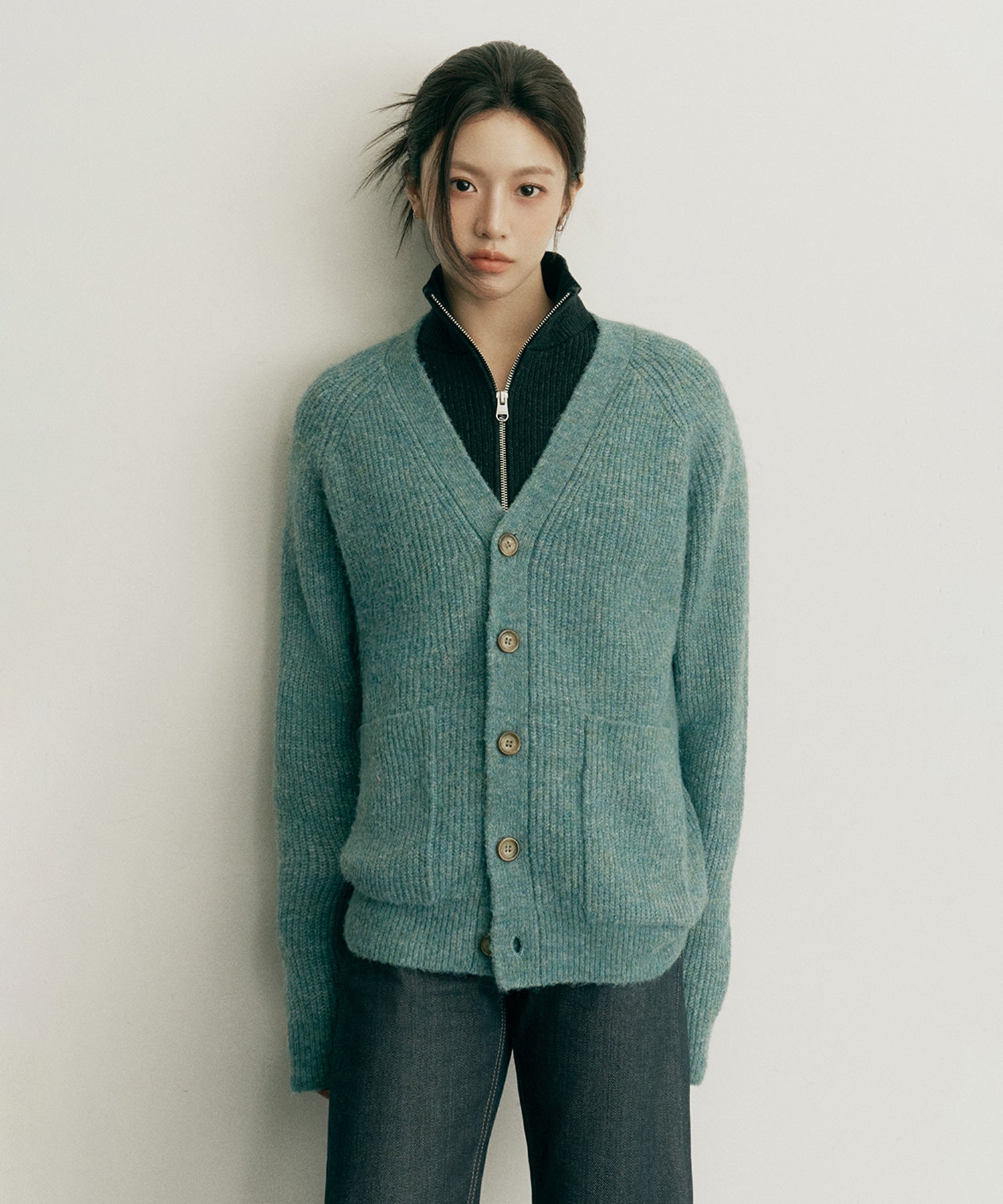 Marithe & Francois Girbaud - Hairy Overfit V Neck Cardigan (Mint) product image 1 | TRAB K-Fashion Australia