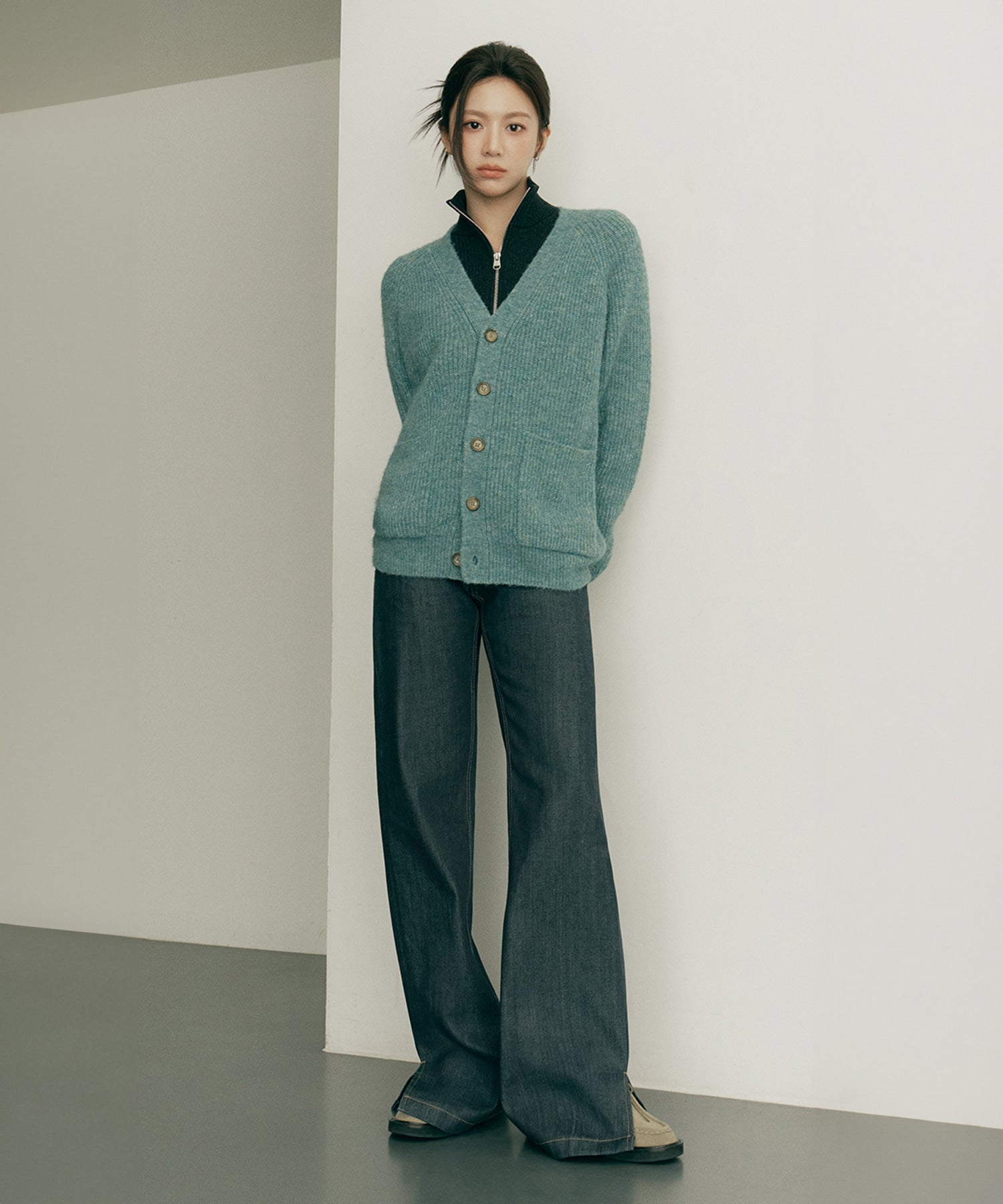 Marithe & Francois Girbaud - Hairy Overfit V Neck Cardigan (Mint) product image 2 | TRAB K-Fashion Australia