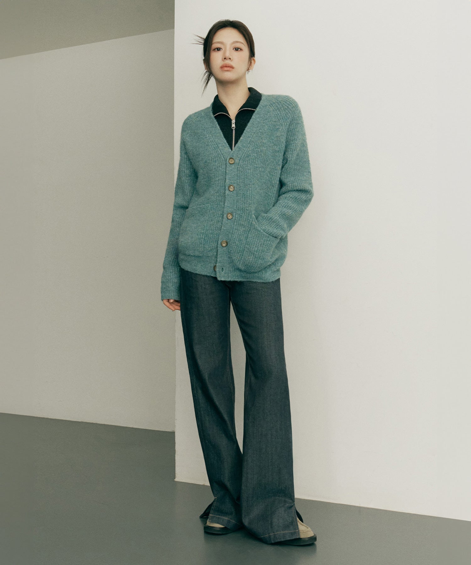 Marithe & Francois Girbaud - Hairy Overfit V Neck Cardigan (Mint) product image 3 | TRAB K-Fashion Australia