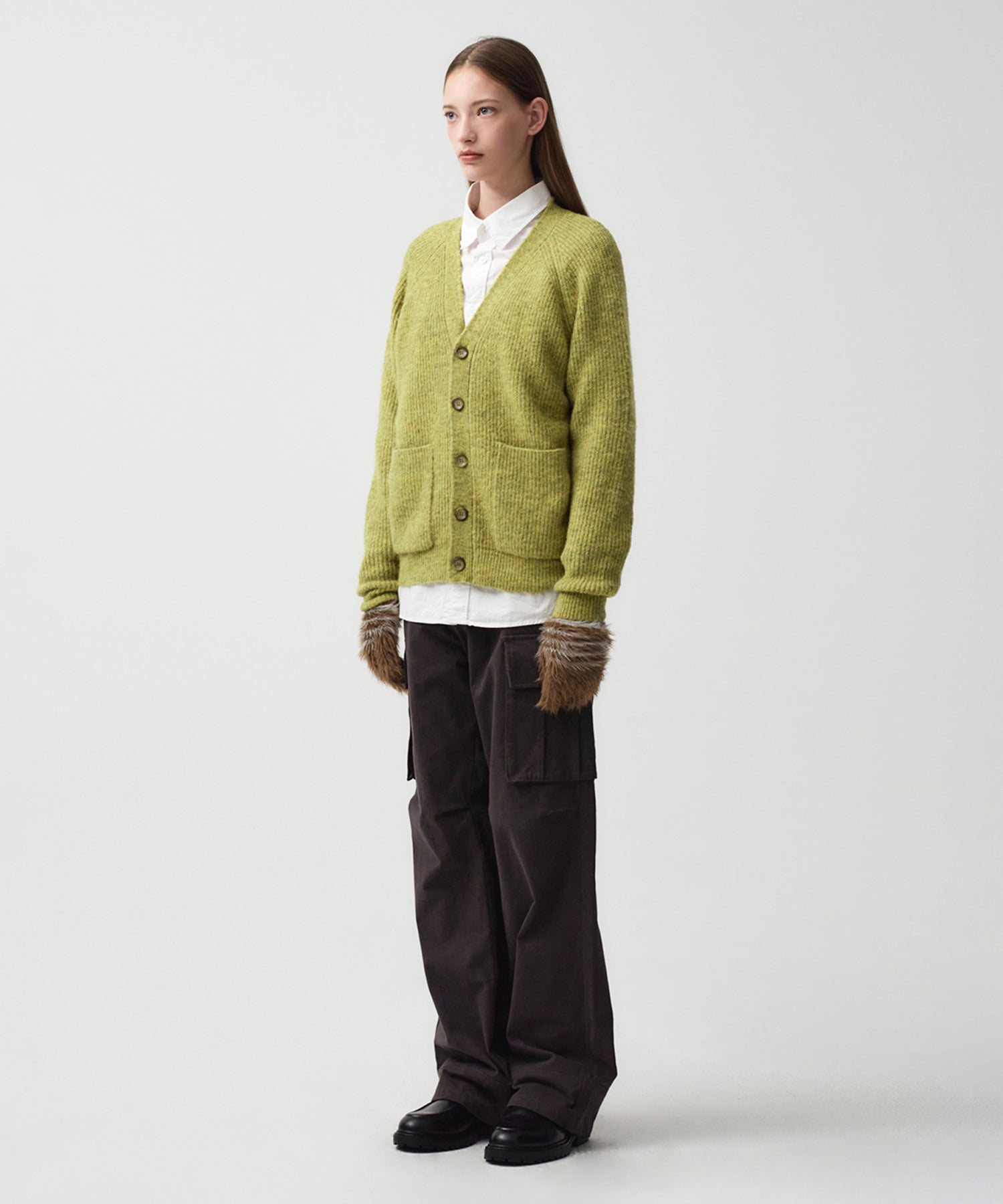 Marithe & Francois Girbaud - Hairy Overfit V Neck Cardigan (Mustard) product image 3 | TRAB K-Fashion Australia