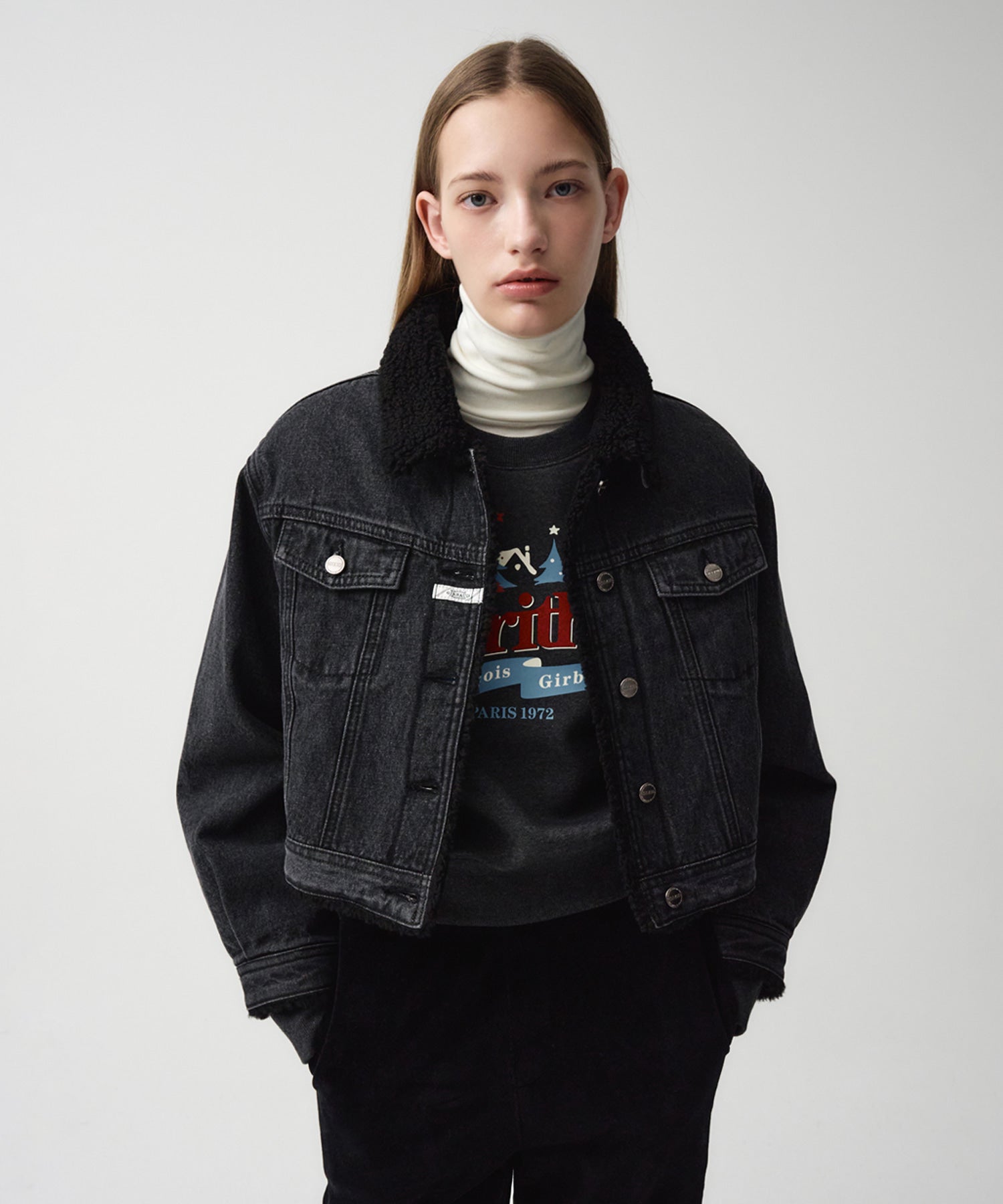 Marithe & Francois Girbaud - Crop Shearling Denim Jacket (Black) product image 1 | TRAB K-Fashion Australia