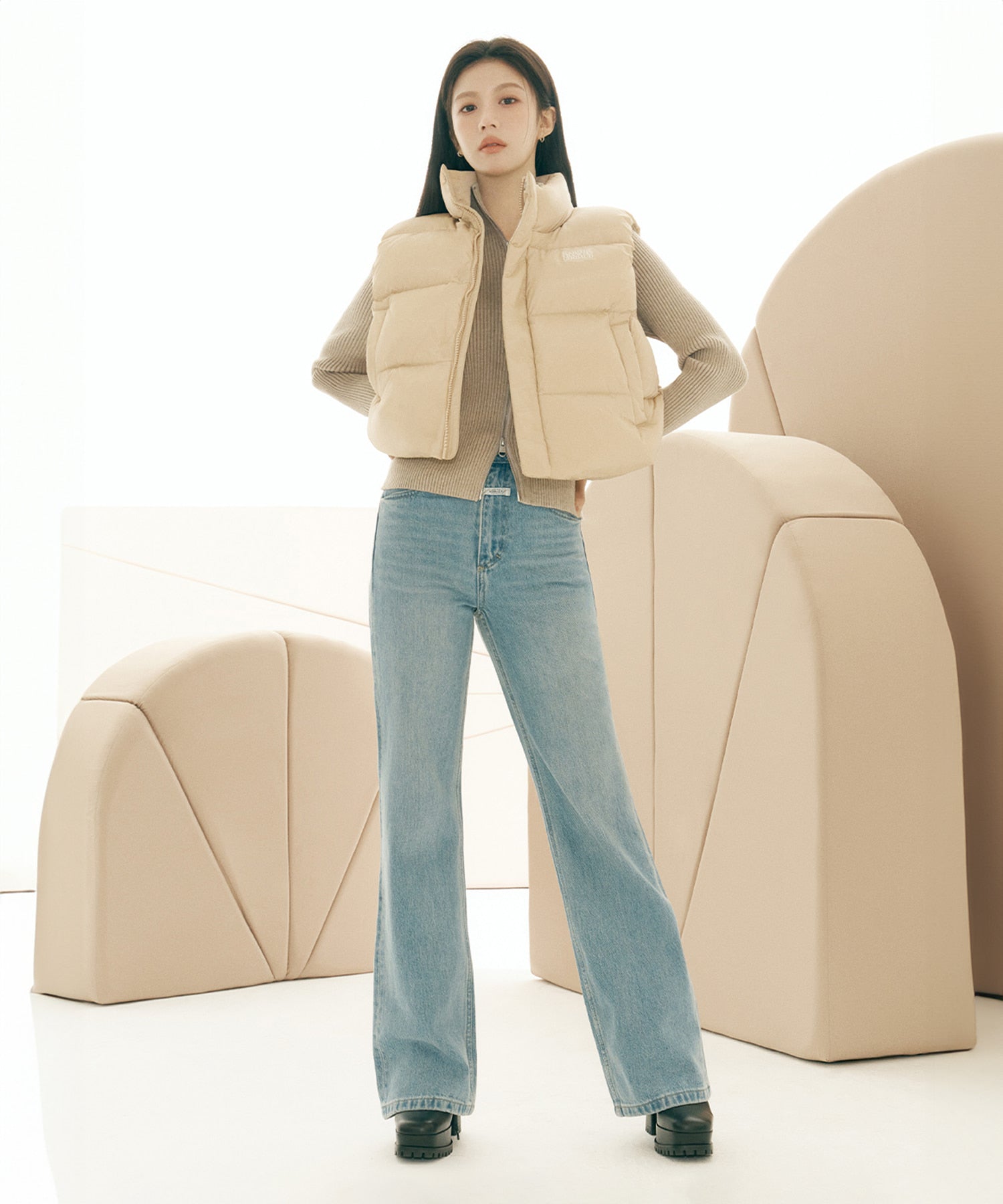Marithe & Francois Girbaud - Classic Logo Duck Down Crop Vest (Beige) product image 2 | TRAB K-Fashion Australia
