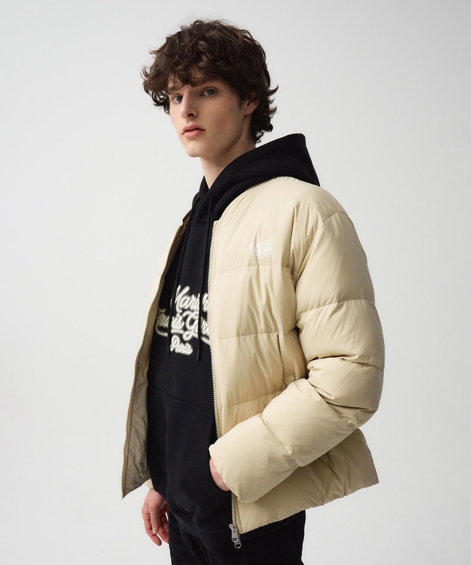 Marithe & Francois Girbaud - Collarless Lightweight Duck Down Jacket (Light Beige) product image 1 | TRAB K-Fashion Australia