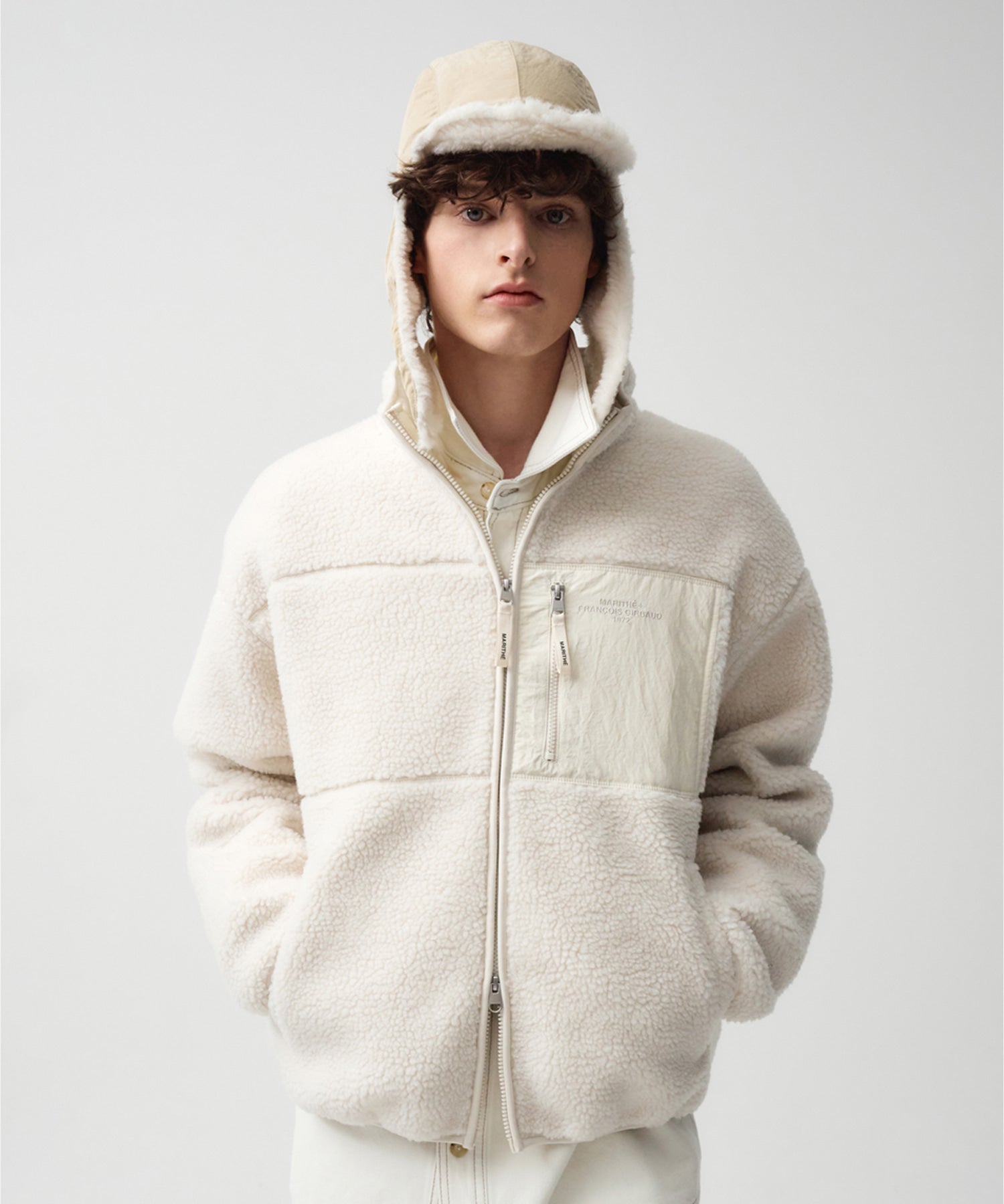 Marithe & Francois Girbaud - Lettering Logo Pocket Fleece Jacket (Ivory) product image 1 | TRAB K-Fashion Australia