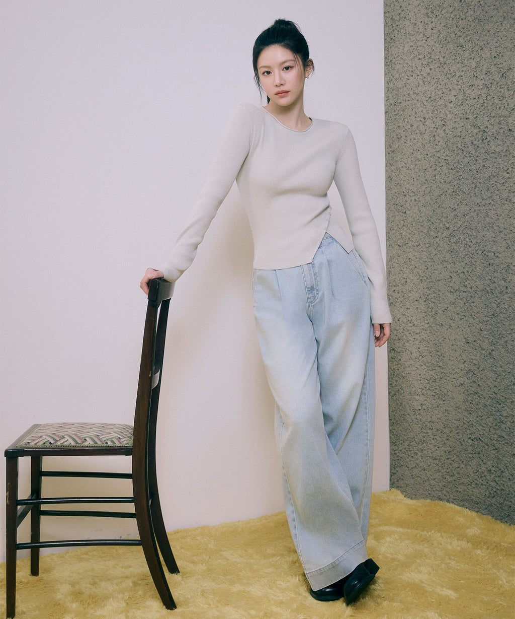 Marithe & Francois Girbaud - Low-waist Tuck Wide Denim Pants (Light Blue) product image 1 | TRAB K-Fashion Australia