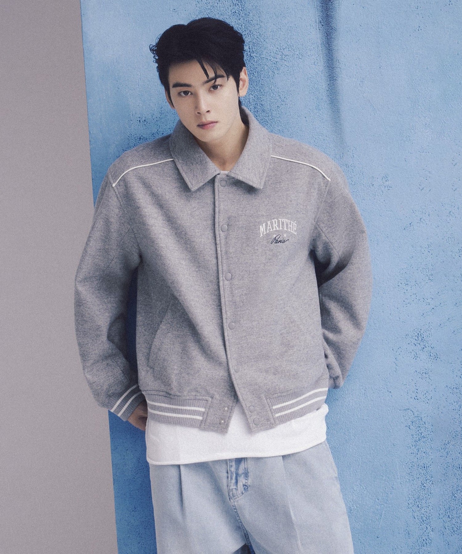 Marithe & Francois Girbaud - Wool Piping Varsity Jacket (Heather Gray) product image 1 | TRAB K-Fashion Australia