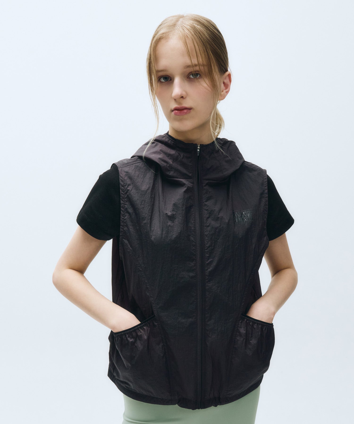 Marithe & Francois Girbaud - Mouvement W Nylon Hood Vest (Charcoal) product image 1 | TRAB K-Fashion Australia
