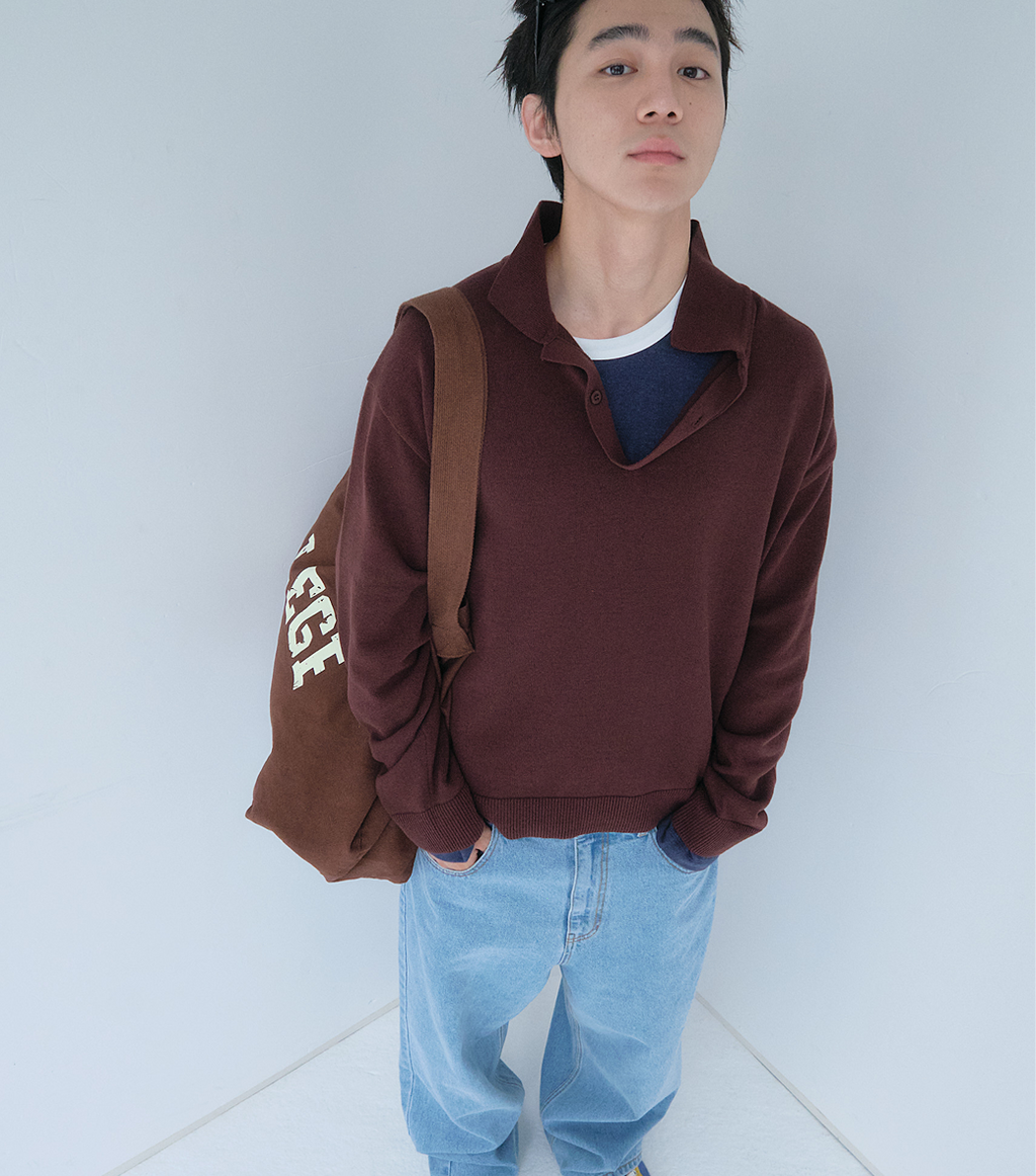 Llege - Oversized Cube Detail Polo Knit (Brown) product image 6 | TRAB K-Fashion Australia