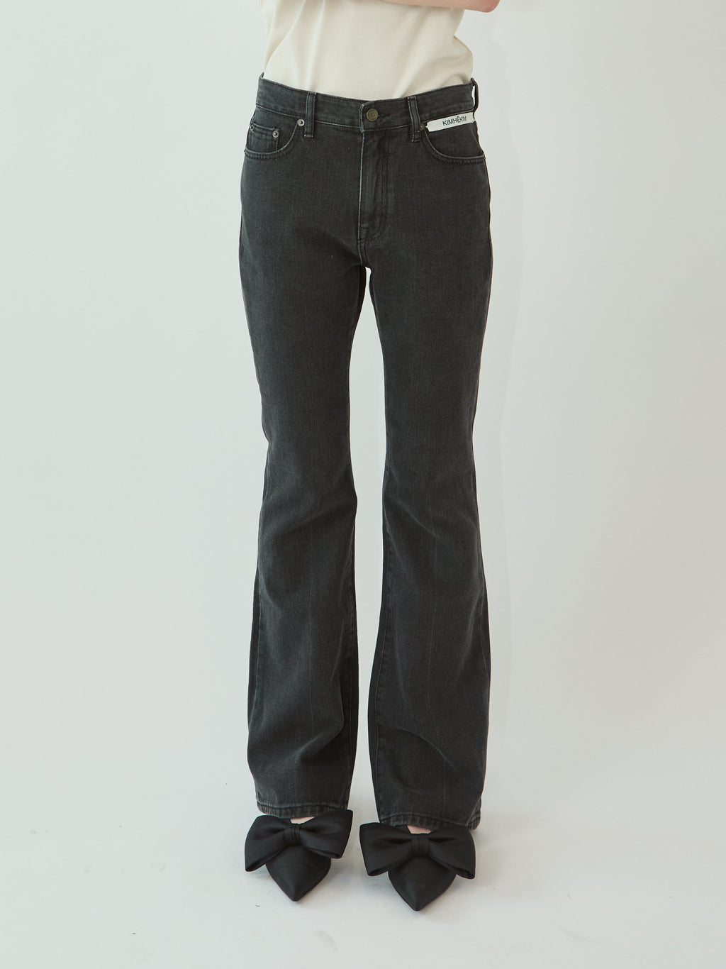 Kimhe Kim - Back Pocket Heart Patch Flare Jeans (Black) product image 1 | TRAB K-Fashion Australia