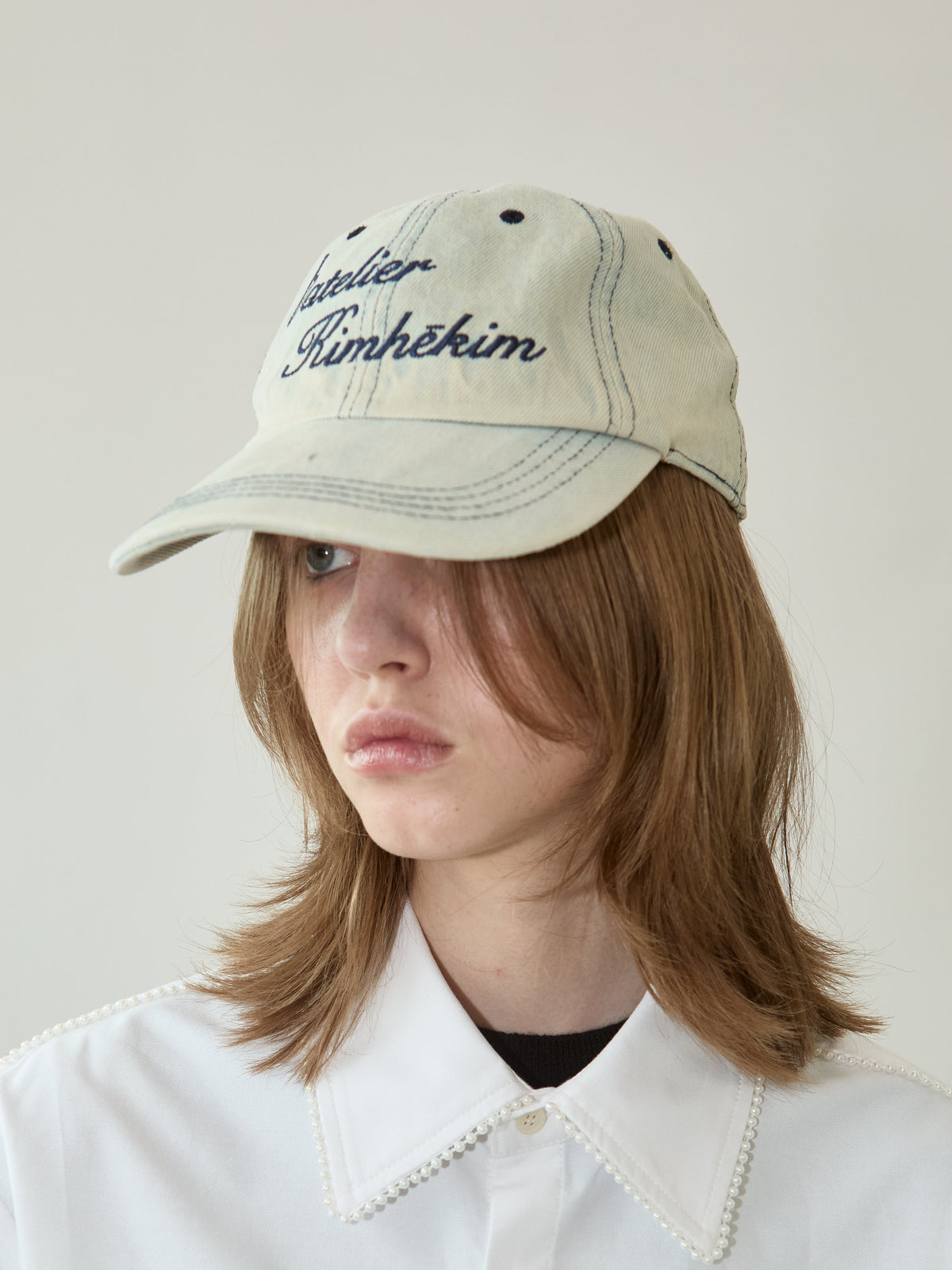 Kimhe Kim - Washed Atelier Embroidered Denim Ball Cap (Sky Blue) product image 2 | TRAB K-Fashion Australia