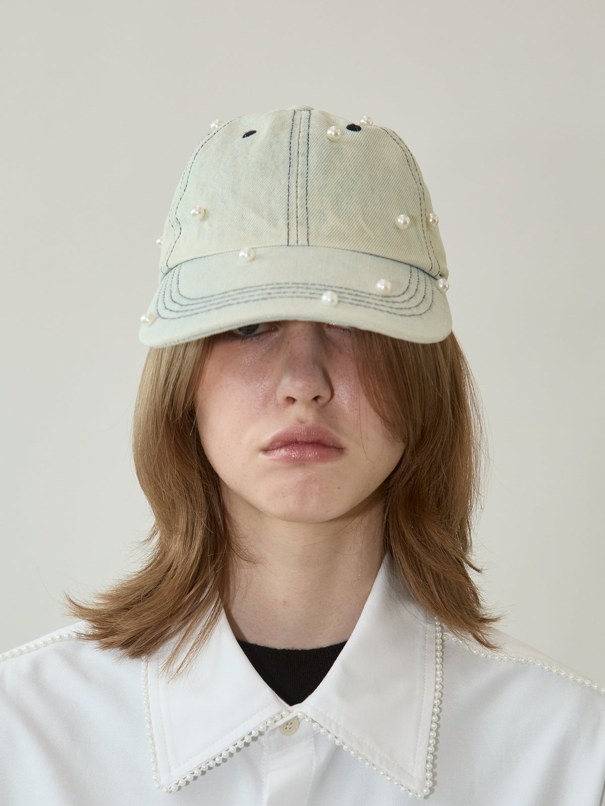 Kimhe Kim - Washed Pearl Denim Ball Cap (Sky Blue) product image 1 | TRAB K-Fashion Australia