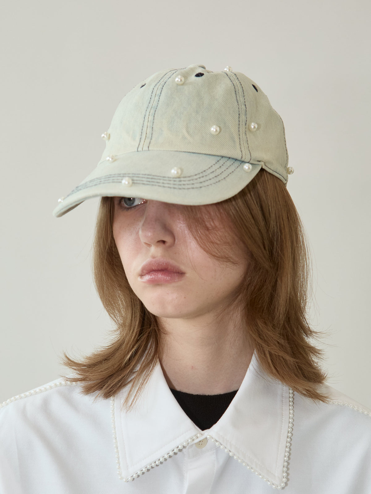 Kimhe Kim - Washed Pearl Denim Ball Cap (Sky Blue) product image 2 | TRAB K-Fashion Australia