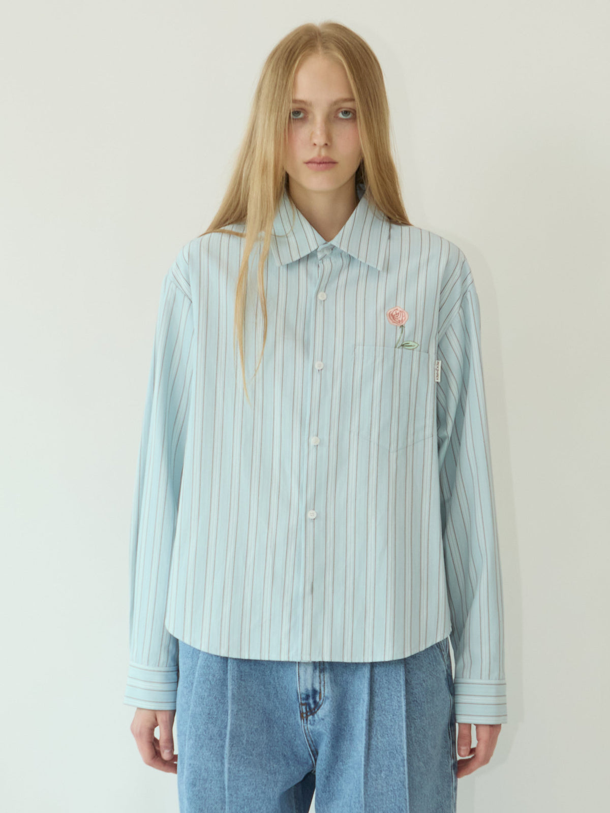 Kimhe Kim - Rose Embroidered Striped Shirt (Blue) product image 1 | TRAB K-Fashion Australia