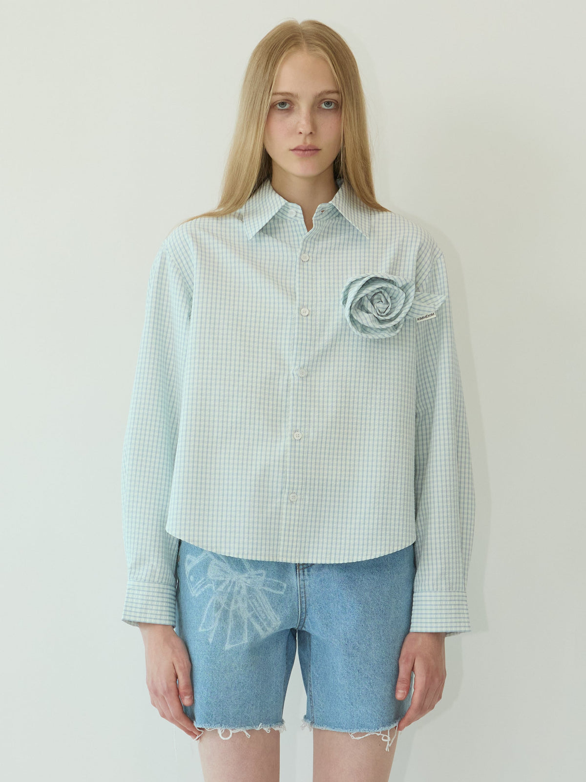 Kimhe Kim - Rose Embellished Checkered Shirt (Blue) product image 1 | TRAB K-Fashion Australia