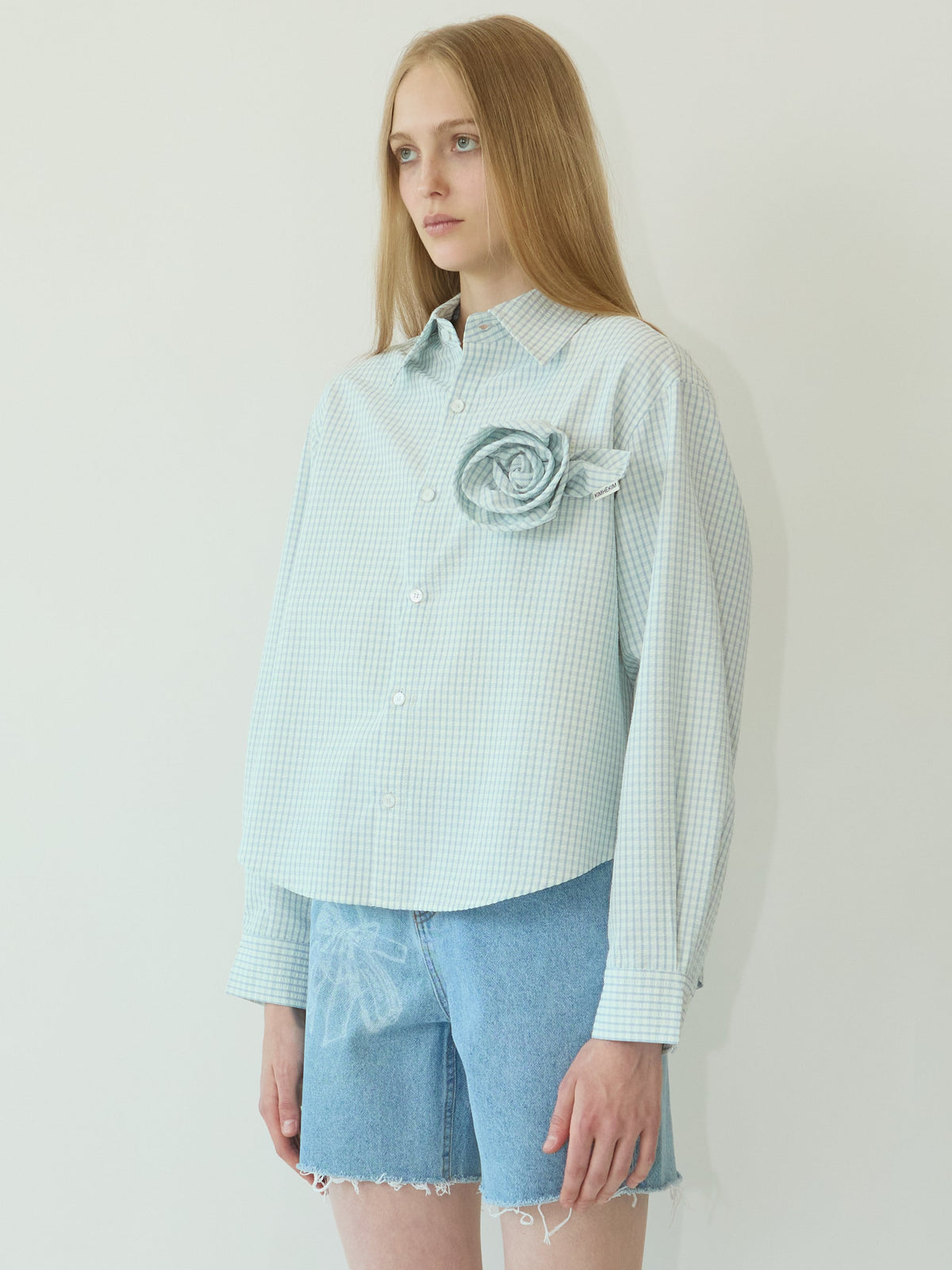 Kimhe Kim - Rose Embellished Checkered Shirt (Blue) product image 2 | TRAB K-Fashion Australia