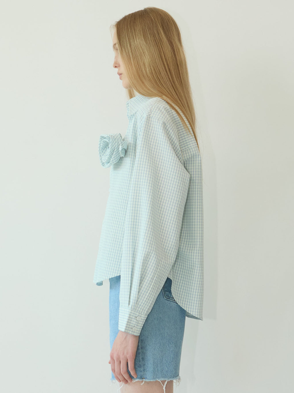 Kimhe Kim - Rose Embellished Checkered Shirt (Blue) product image 3 | TRAB K-Fashion Australia