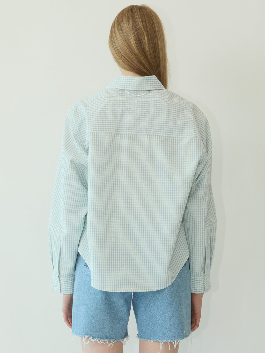 Kimhe Kim - Rose Embellished Checkered Shirt (Blue) product image 4 | TRAB K-Fashion Australia