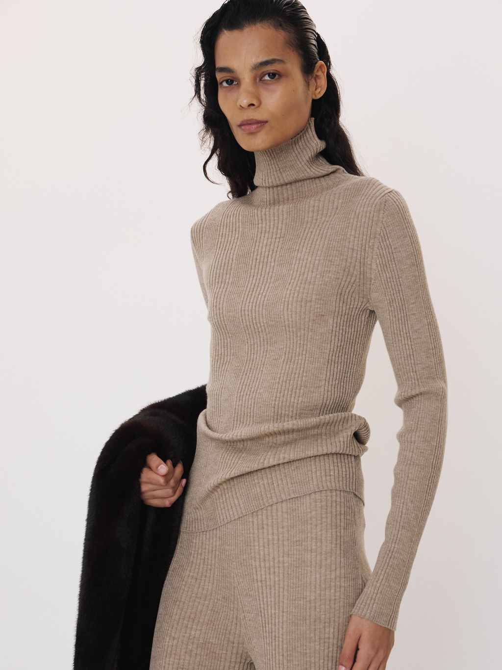 Recto - Wool Ribbed Turtle Neck Knit Top (Sepia Beige) product image 1 | TRAB K-Fashion Australia