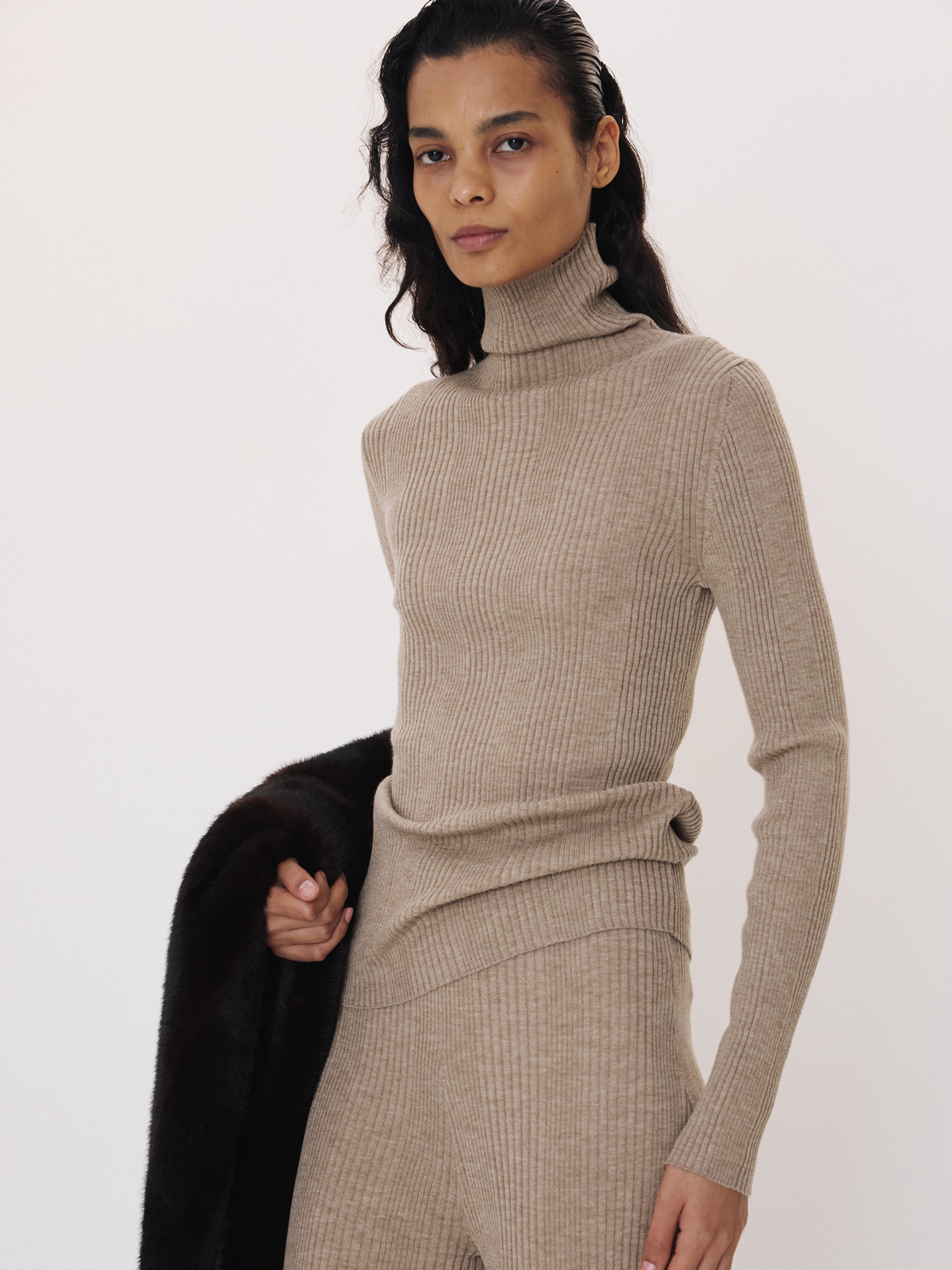 Recto - Wool Ribbed Turtle Neck Knit Top (Sepia Beige) product image 1 | TRAB K-Fashion Australia