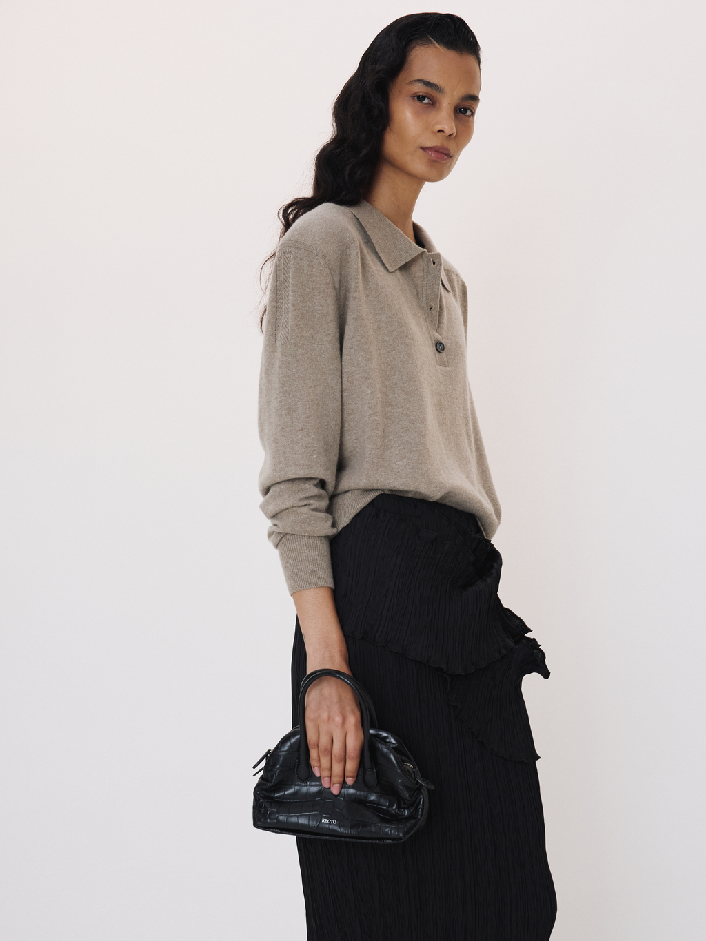 Recto - Double Shoulder Polo Knit Top (Greyish Khaki) product image 3 | TRAB K-Fashion Australia
