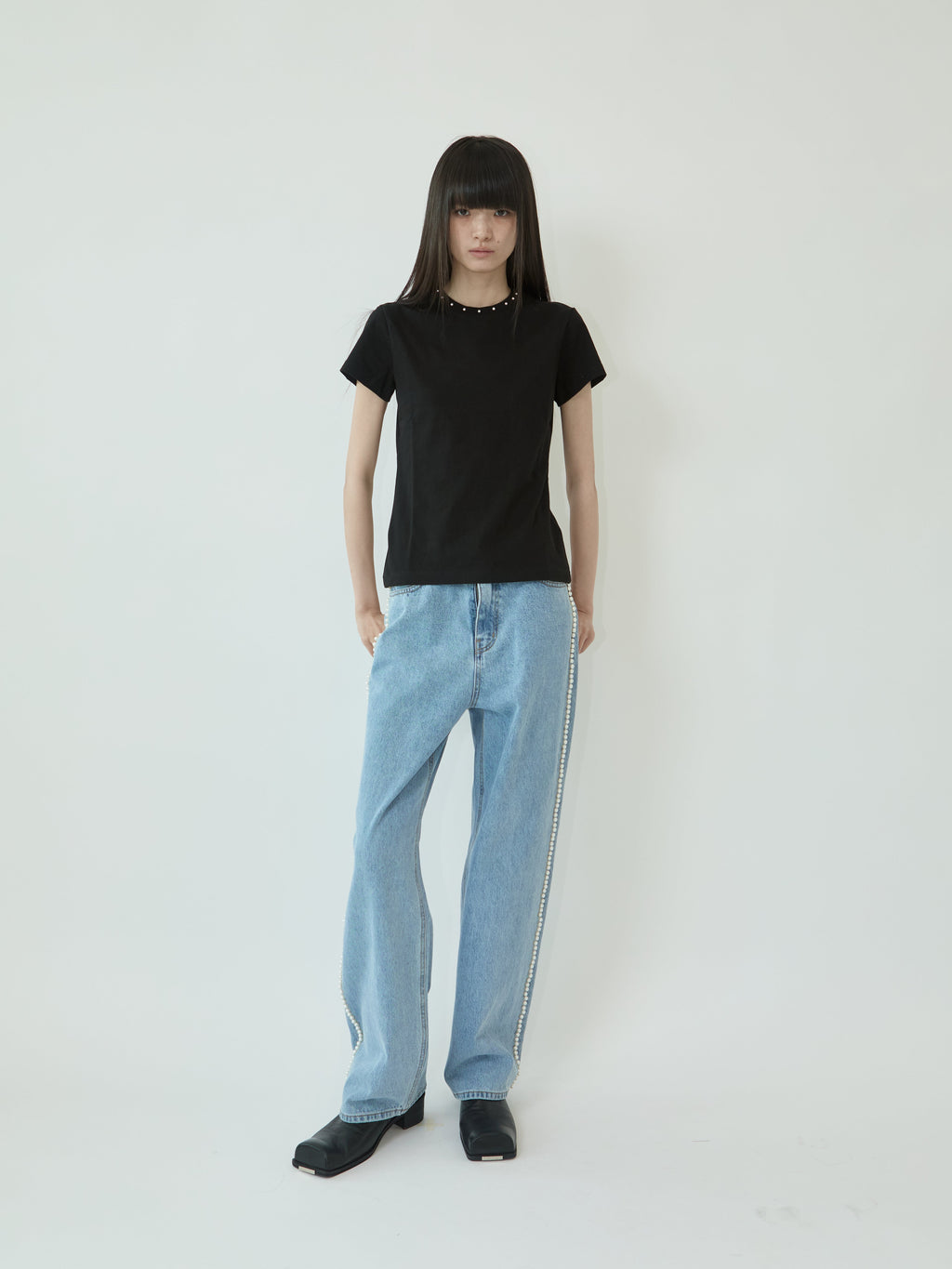 Kimhe Kim - Pearl Embellished Wide Leg Denim Pants (Sky Blue) product image 1 | TRAB K-Fashion Australia
