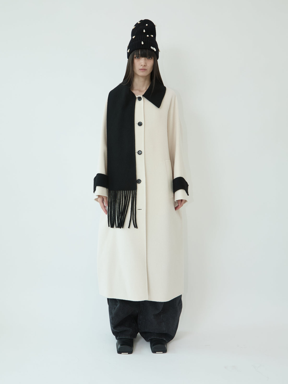 Kimhe Kim - Bi-Color Alpaca Blend Fringe Scarf Long Coat (Ivory/Black) product image 1 | TRAB K-Fashion Australia