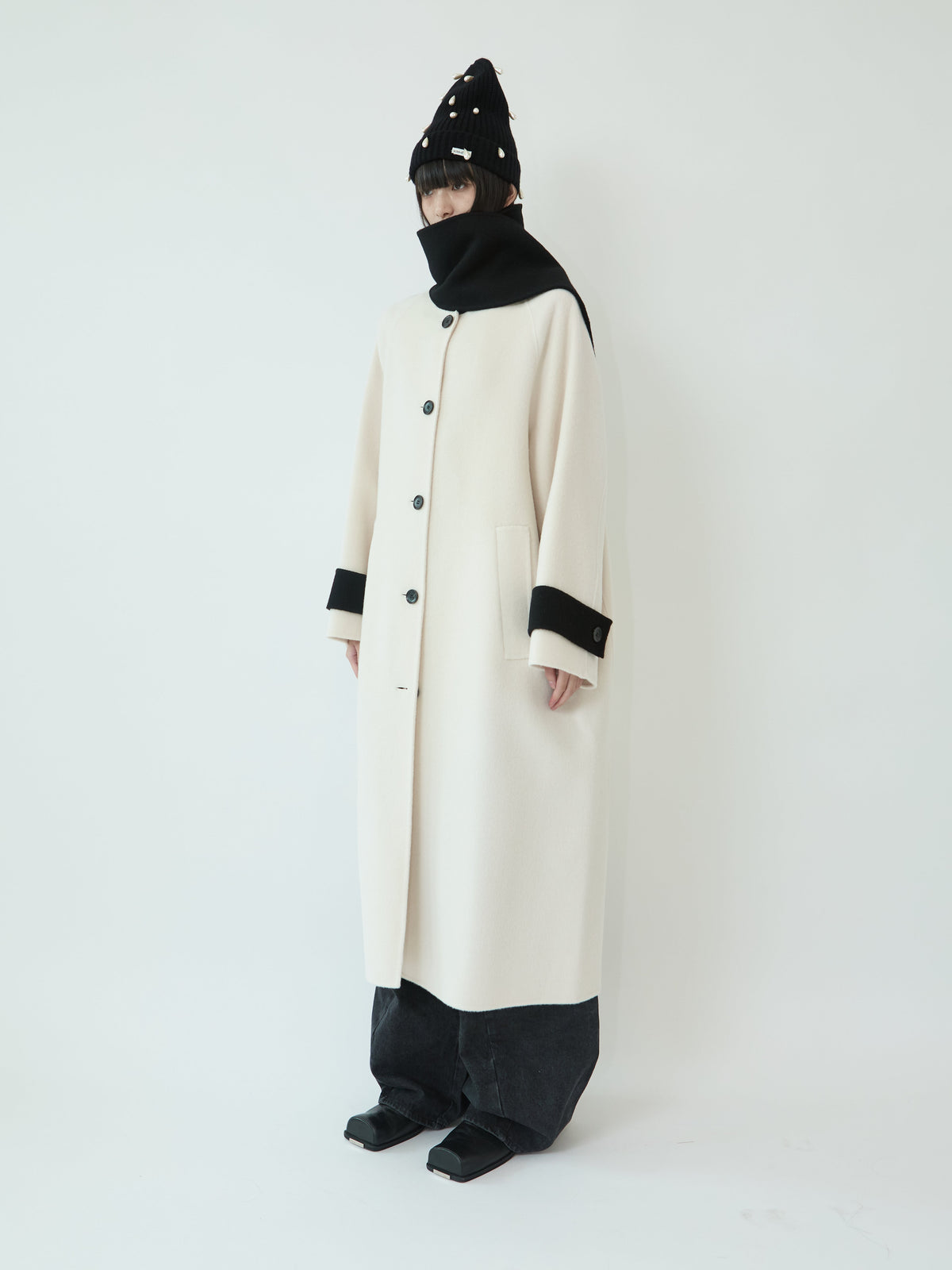 Kimhe Kim - Bi-Color Alpaca Blend Fringe Scarf Long Coat (Ivory/Black) product image 3 | TRAB K-Fashion Australia