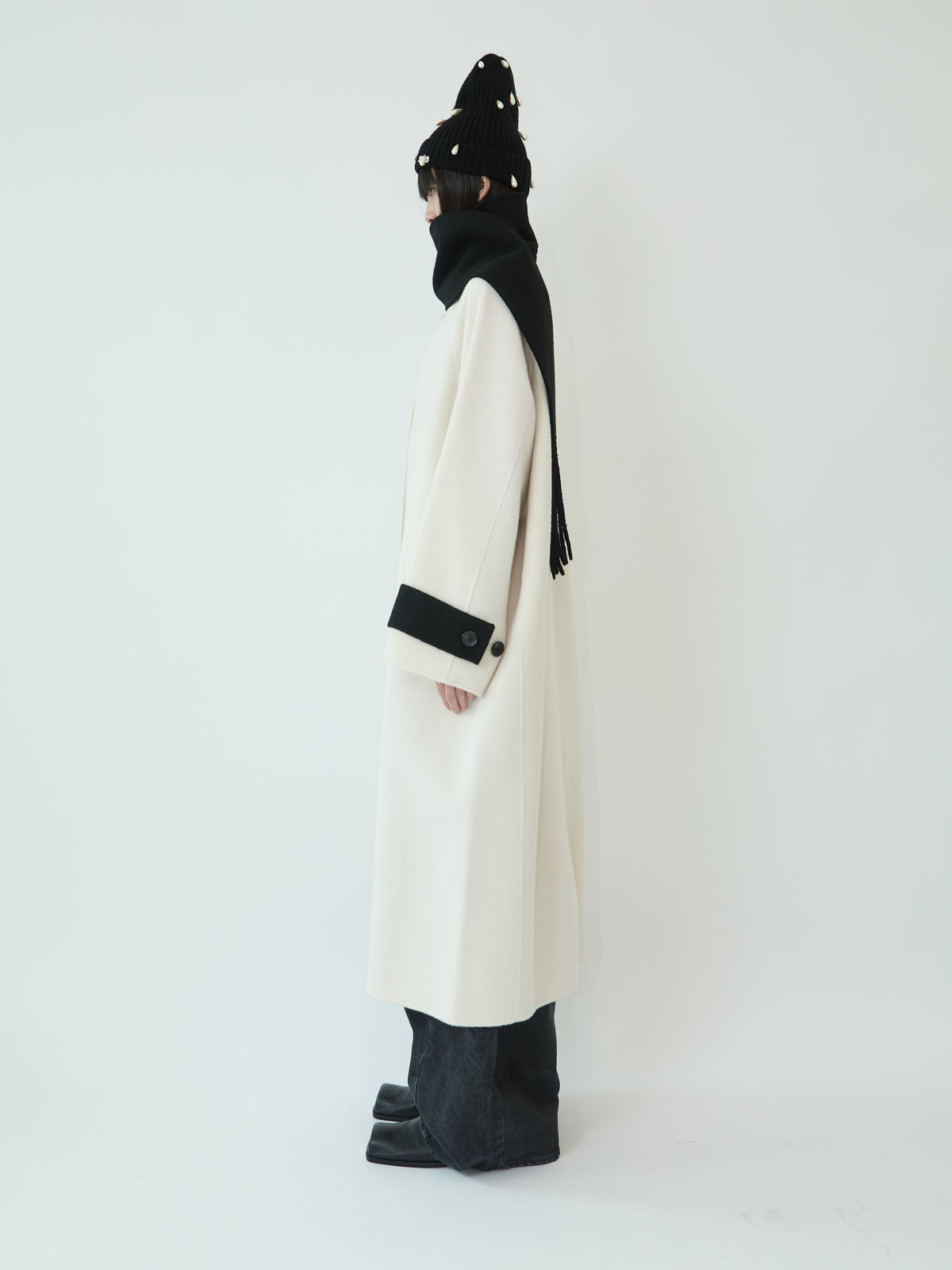 Kimhe Kim - Bi-Color Alpaca Blend Fringe Scarf Long Coat (Ivory/Black) product image 4 | TRAB K-Fashion Australia