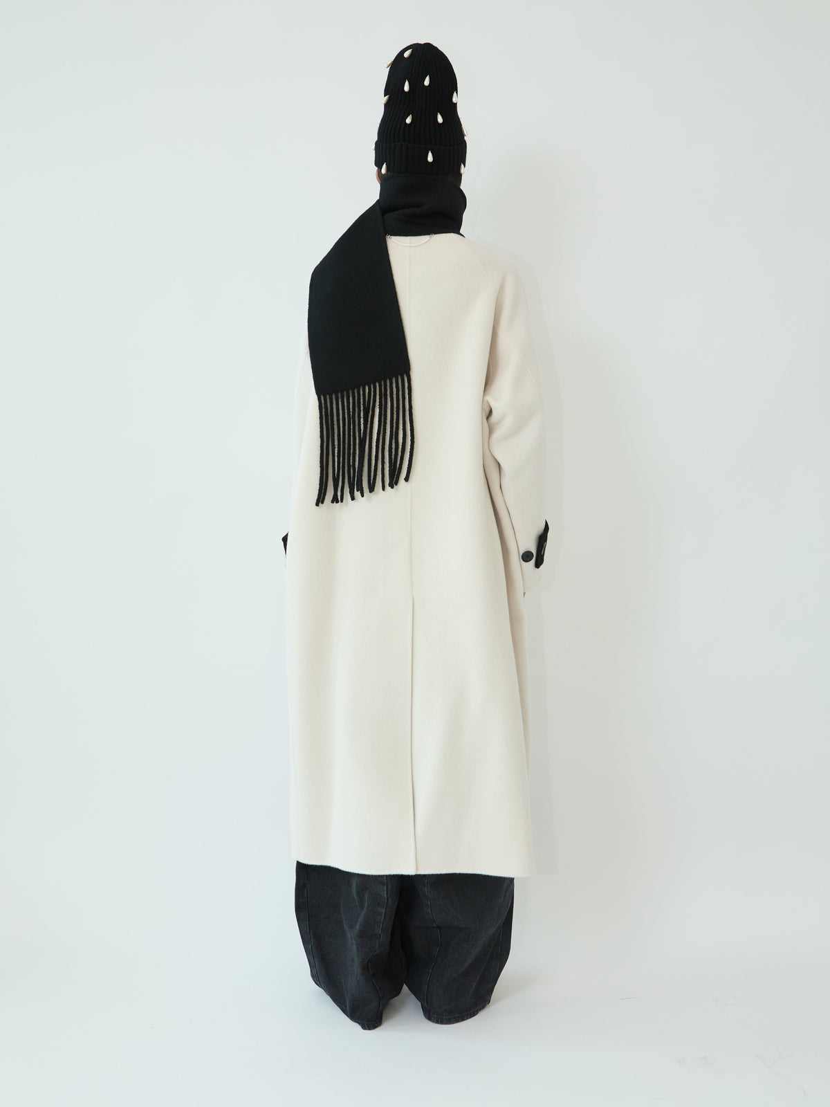 Kimhe Kim - Bi-Color Alpaca Blend Fringe Scarf Long Coat (Ivory/Black) product image 5 | TRAB K-Fashion Australia