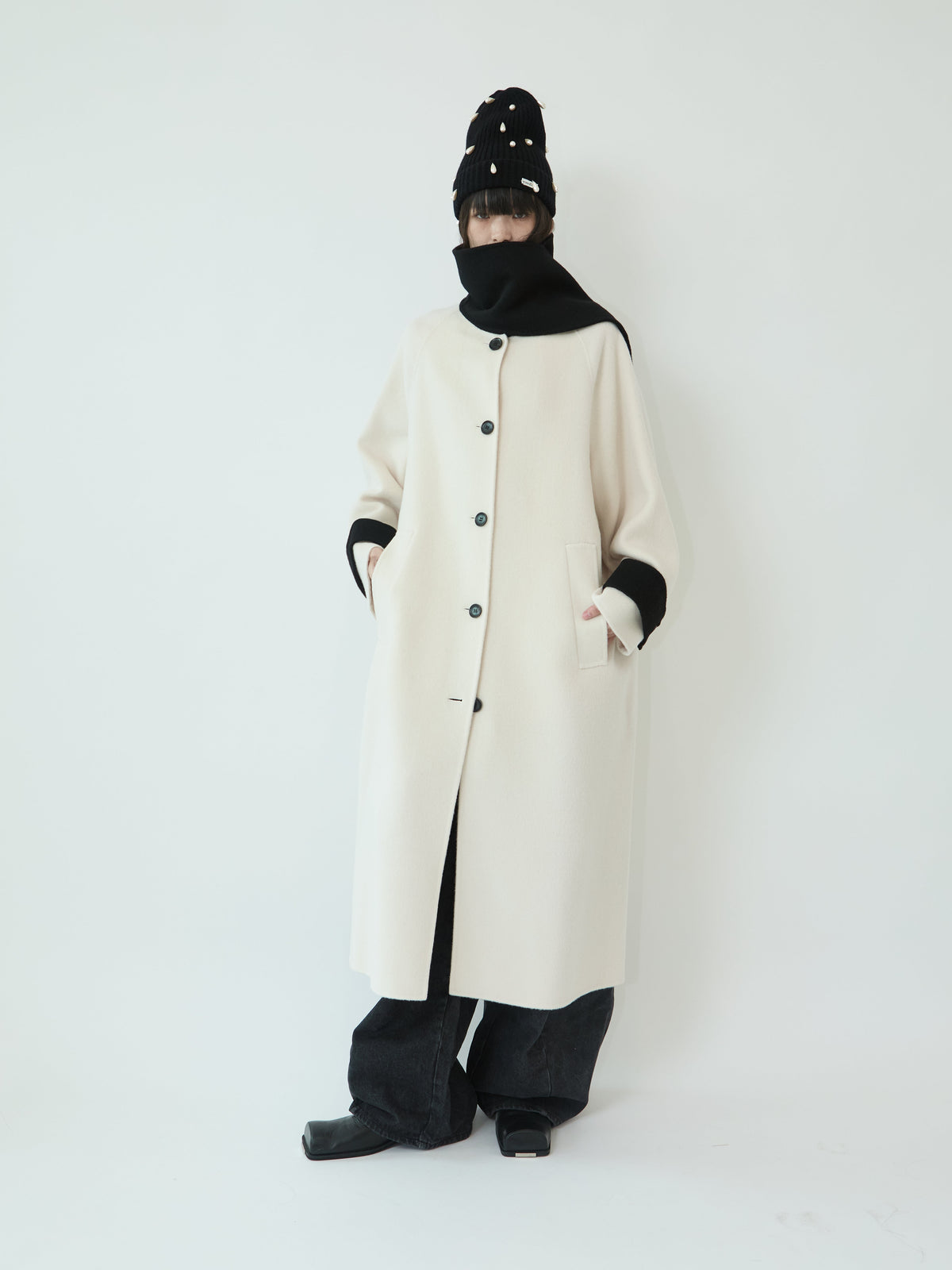 Kimhe Kim - Bi-Color Alpaca Blend Fringe Scarf Long Coat (Ivory/Black) product image 2 | TRAB K-Fashion Australia