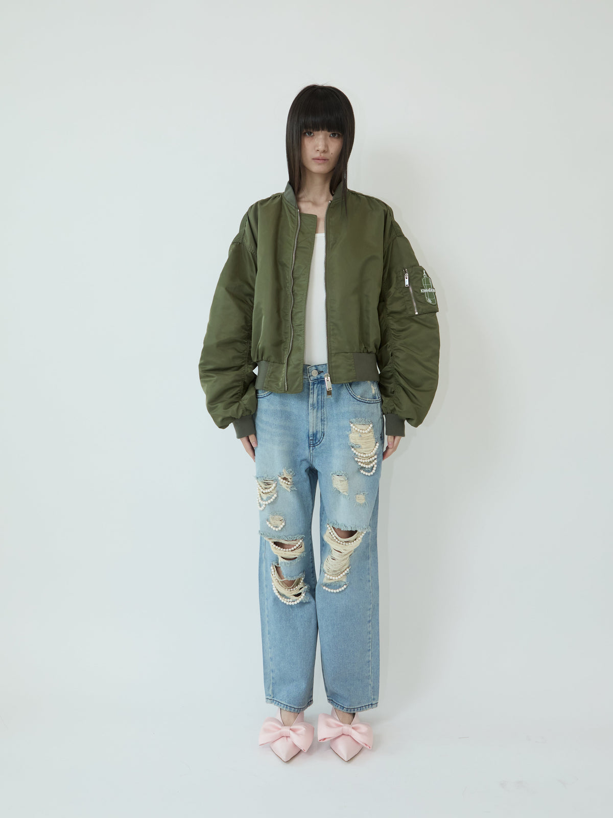 Kimhe Kim - Pearl Embellished Destroyed Jeans (Sky Blue) product image 1 | TRAB K-Fashion Australia