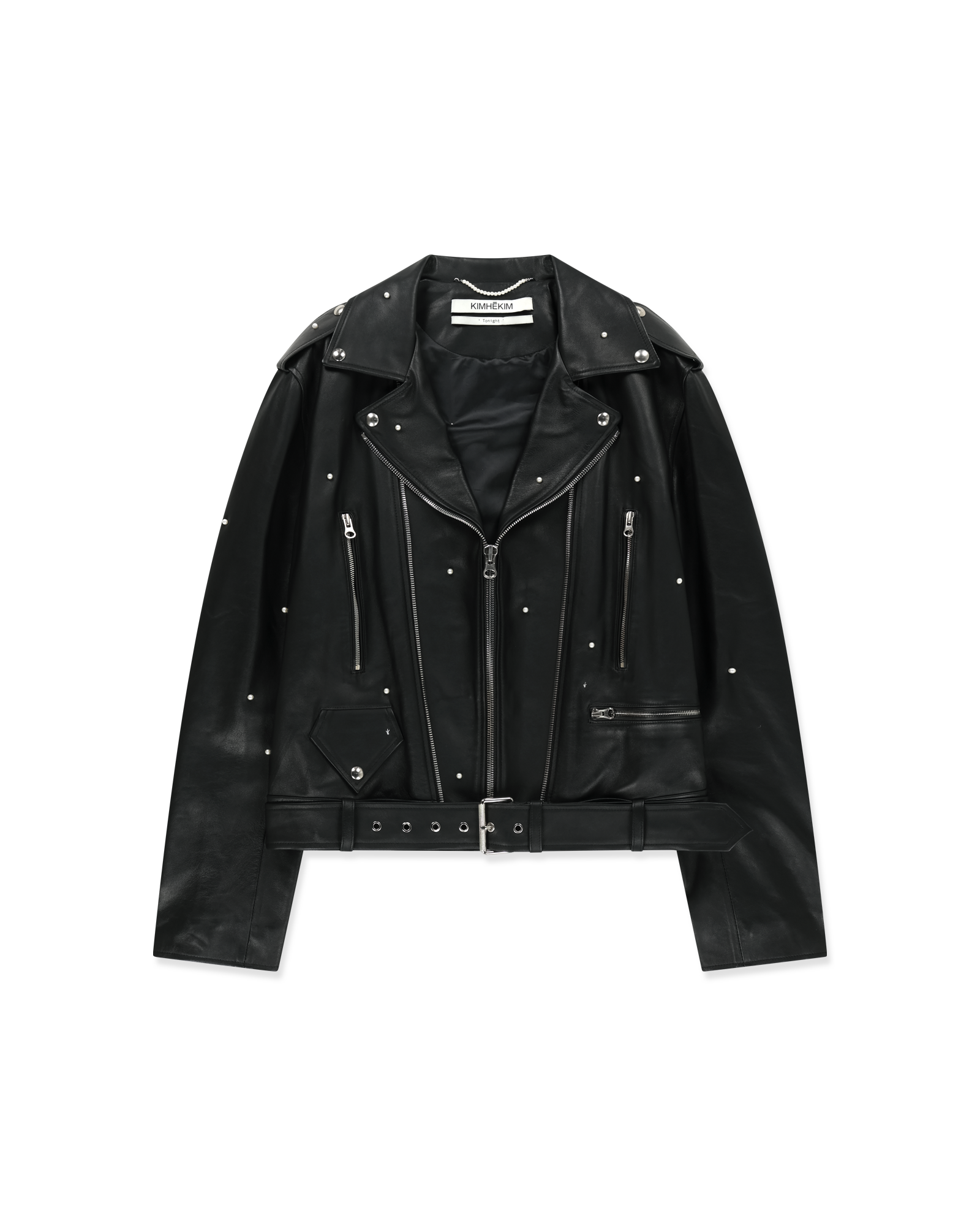 Kimhe Kim - Pearl Embellished Leather Biker Jacket (Black) product image 6 | TRAB K-Fashion Australia