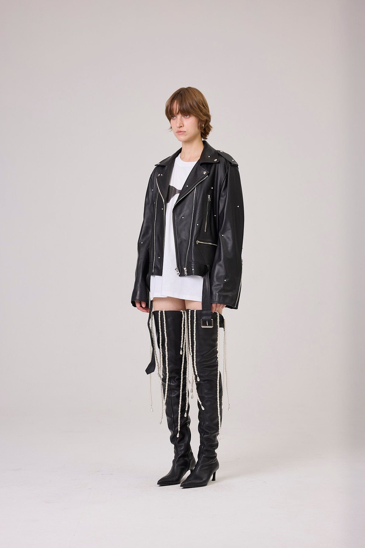 Kimhe Kim - Pearl Embellished Leather Biker Jacket (Black) product image 2 | TRAB K-Fashion Australia