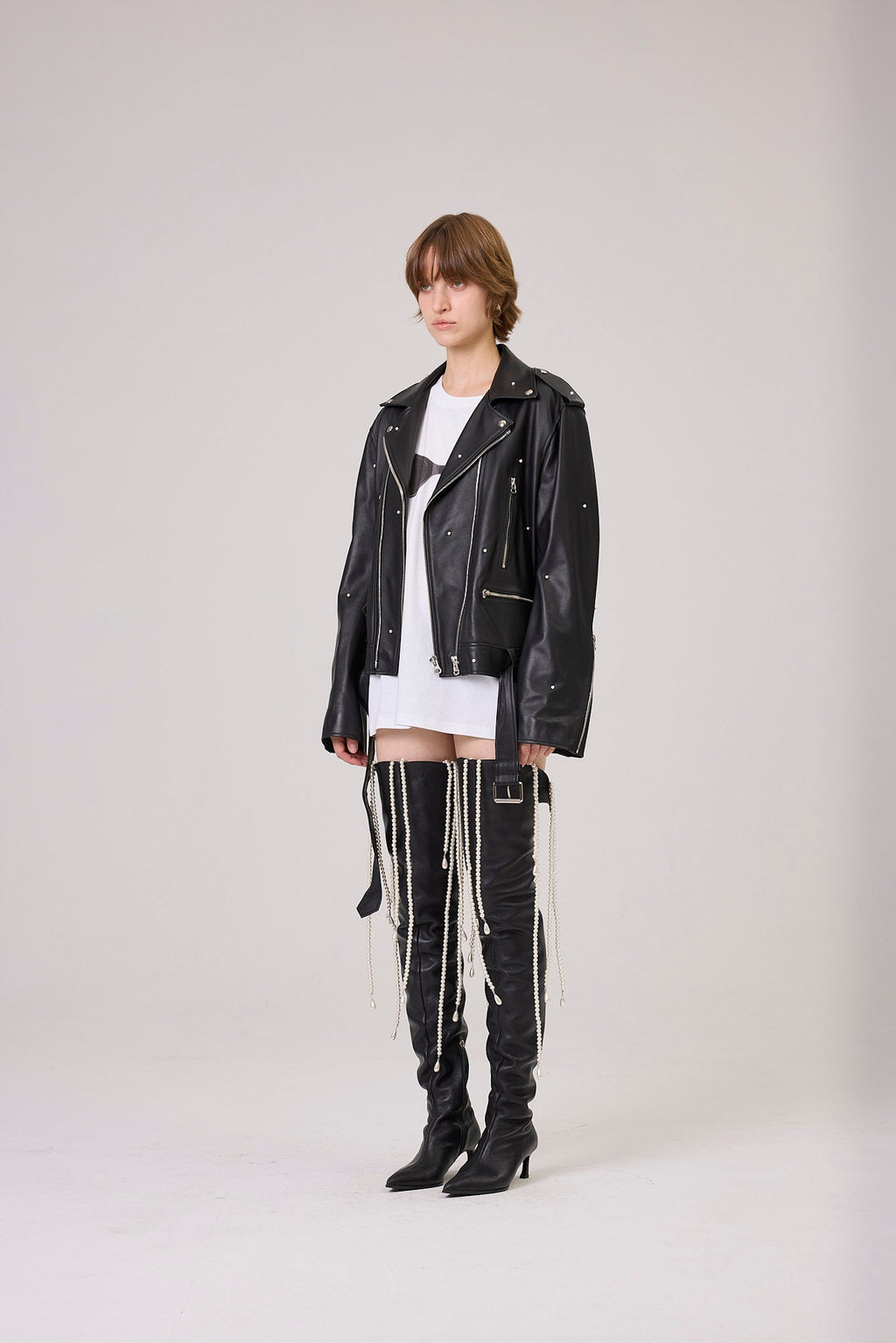 Kimhe Kim - Pearl Embellished Leather Biker Jacket (Black) product image 2 | TRAB K-Fashion Australia