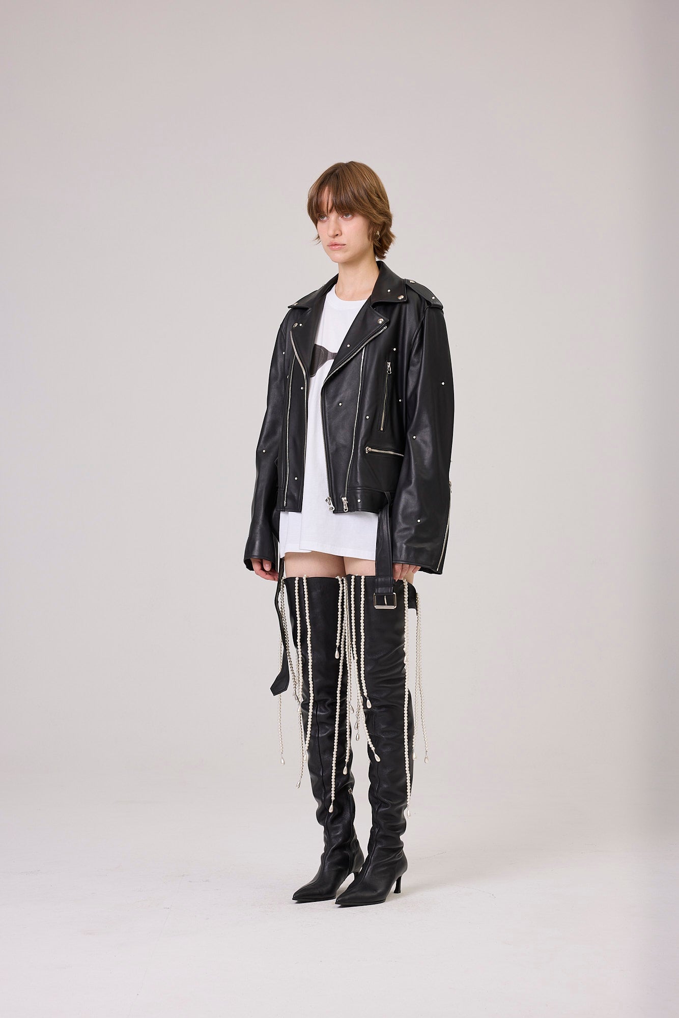 Kimhe Kim - Pearl Embellished Leather Biker Jacket (Black) product image 2 | TRAB K-Fashion Australia